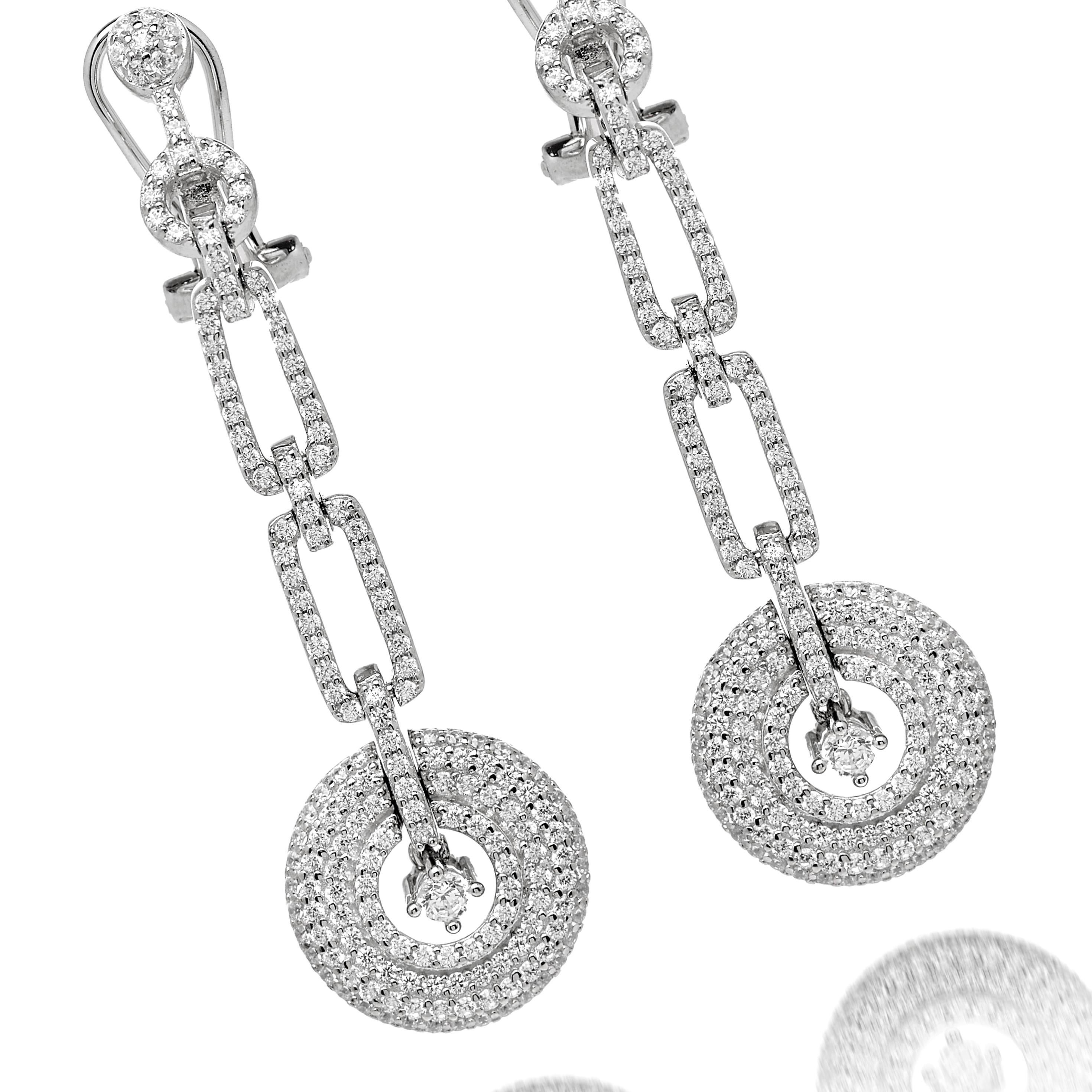 Women's 3.40 Carat Cubic Zirconia Sterling Silver Art Deco Style Circular Drop Earrings For Sale