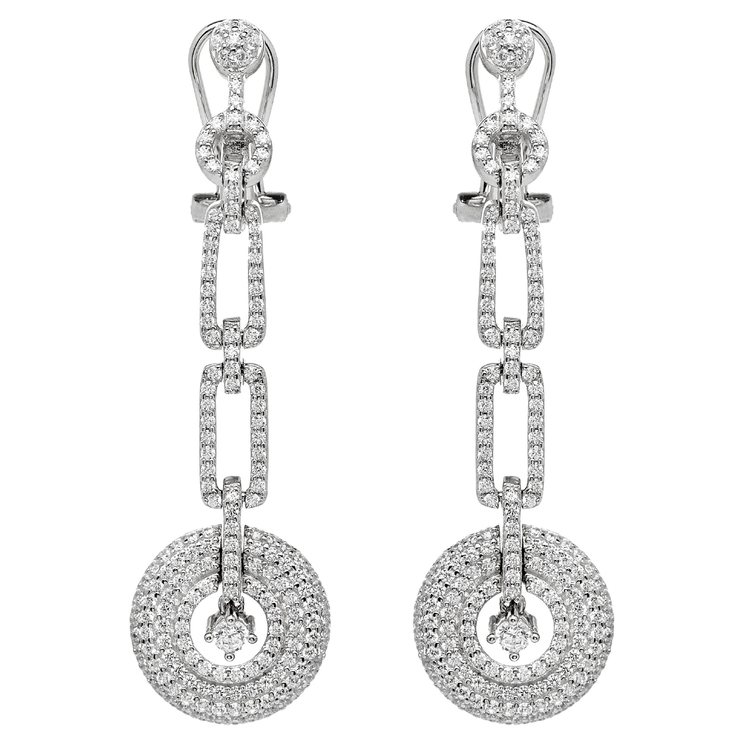 3.40 Carat Cubic Zirconia Sterling Silver Art Deco Style Circular Drop Earrings For Sale