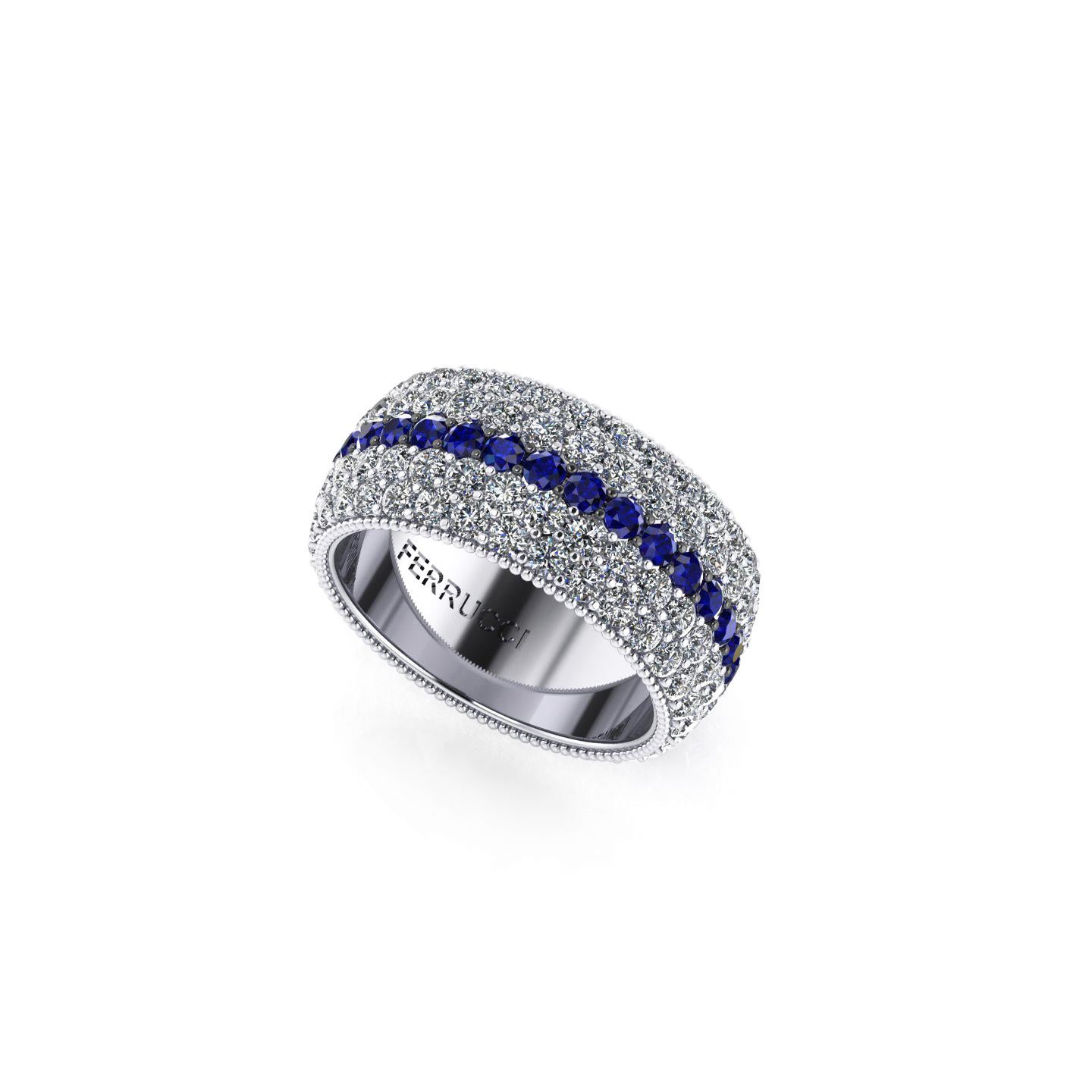 FERRUCCI Wide, diamonds dome band, a wrap of sparkling, bright white diamonds, for an approximate total carat weight of 3.40 carats, and 1.00 carats of intense blue Sapphires, hand made in New York City with the best Italian craftsmanship, 