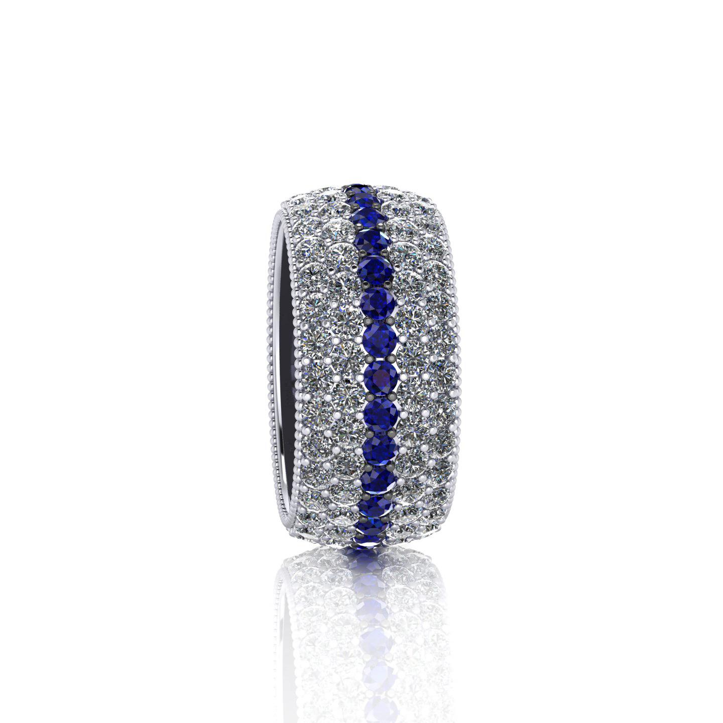Modern 3.40 Carat Diamond 1.00 Carat Blue Sapphires Wide 18 Karat Gold Band For Sale