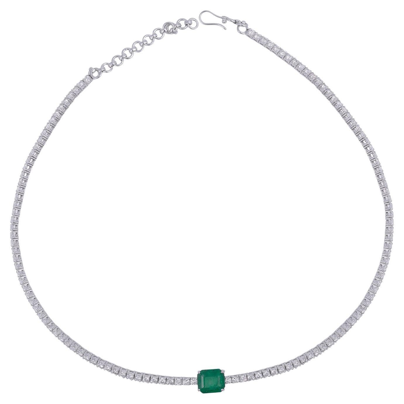 3.40 Carat Emerald 14 Karat Gold Diamond Tennis Necklace For Sale