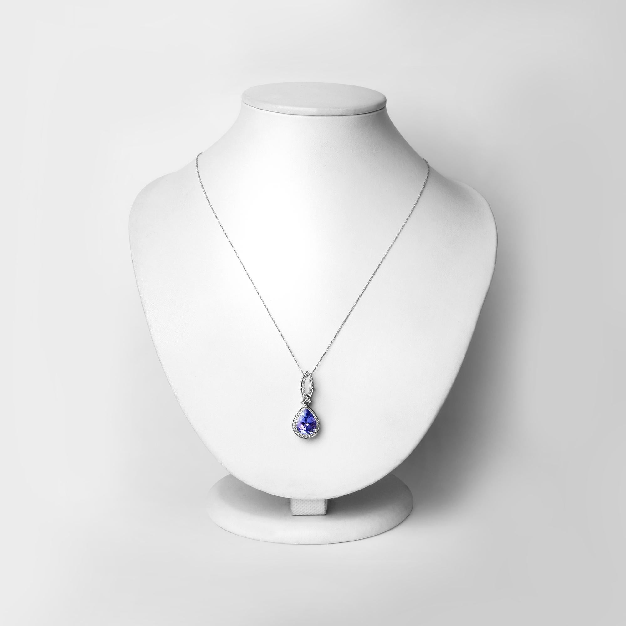 Pear Cut 3.40 Carat Genuine Tanzanite and White Diamond 14 Karat White Gold Pendant