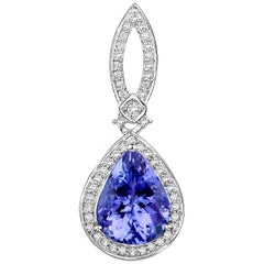 3.40 Carat Genuine Tanzanite and White Diamond 14 Karat White Gold Pendant