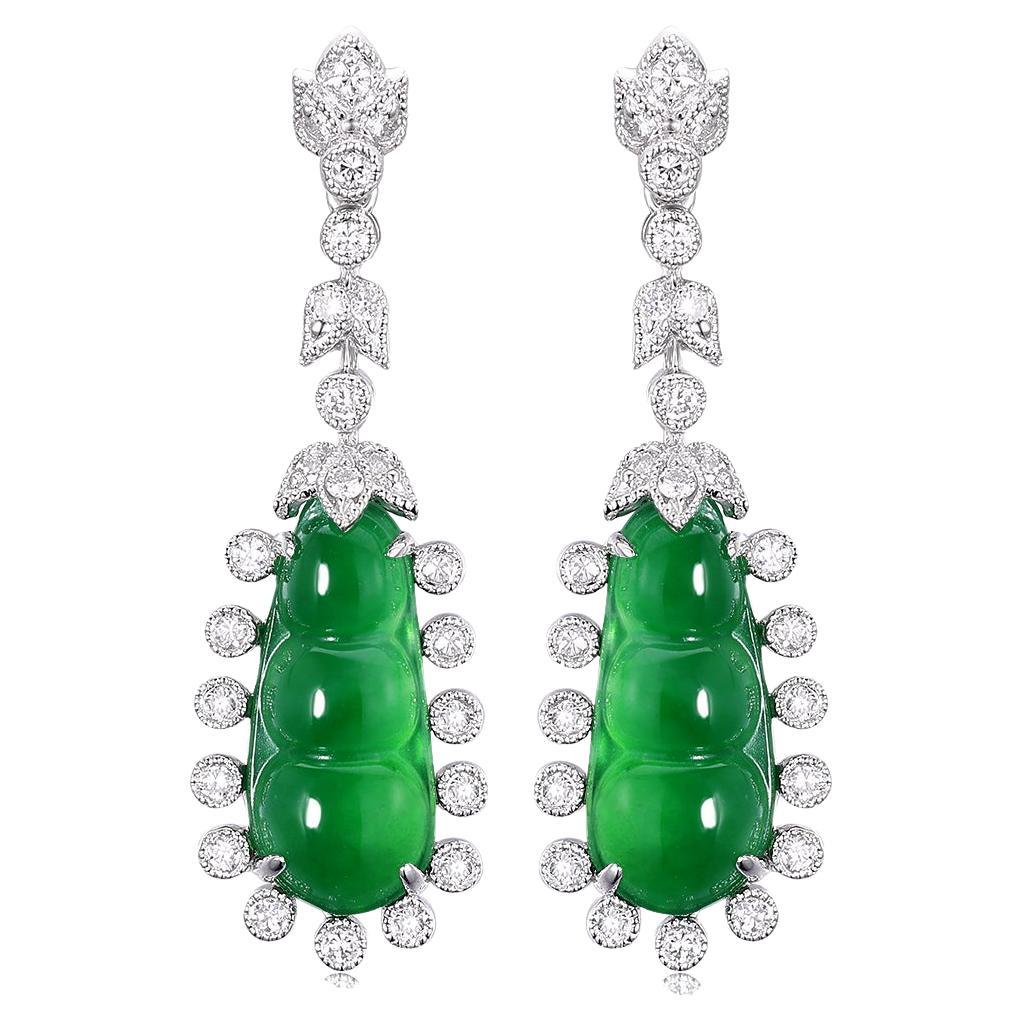 3.40 Carat Jade and Diamond Drop Earring in Platiunum and 18 Karat Gold For Sale