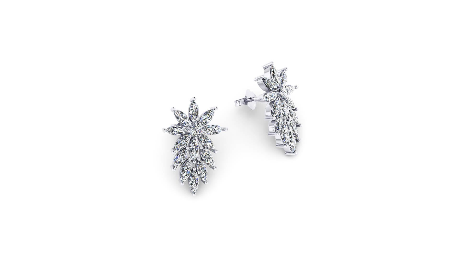 3.40 Carats Marquise shape Diamonds Star earrings, hand made in Platinum in New York by Italian master jeweler, stunning diamond earrings, high sparkle, chic and fine elegance for every age tasteful women, ideal gift 