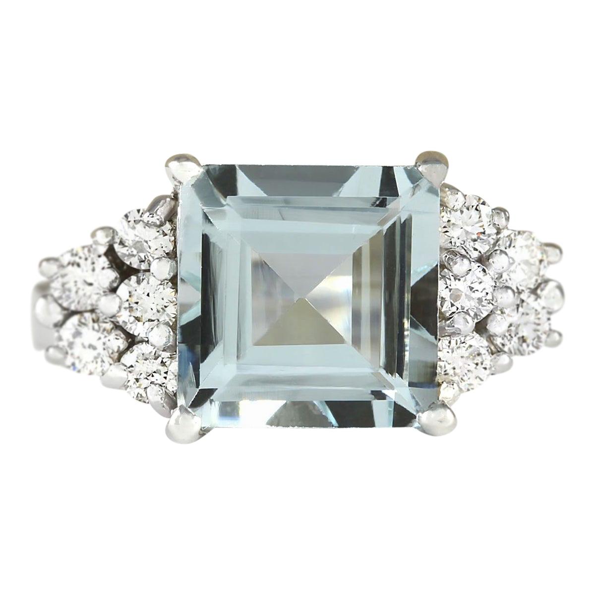 Natural Aquamarine Diamond Ring In 14 Karat White Gold  For Sale