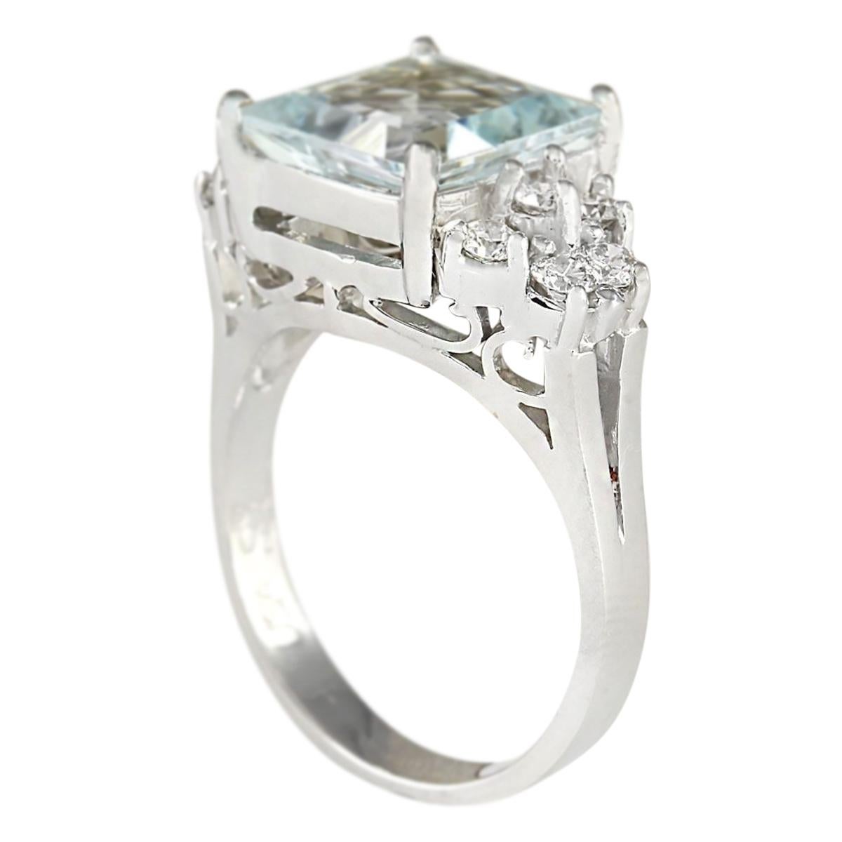 Emerald Cut Natural Aquamarine Diamond Ring In 14 Karat White Gold  For Sale