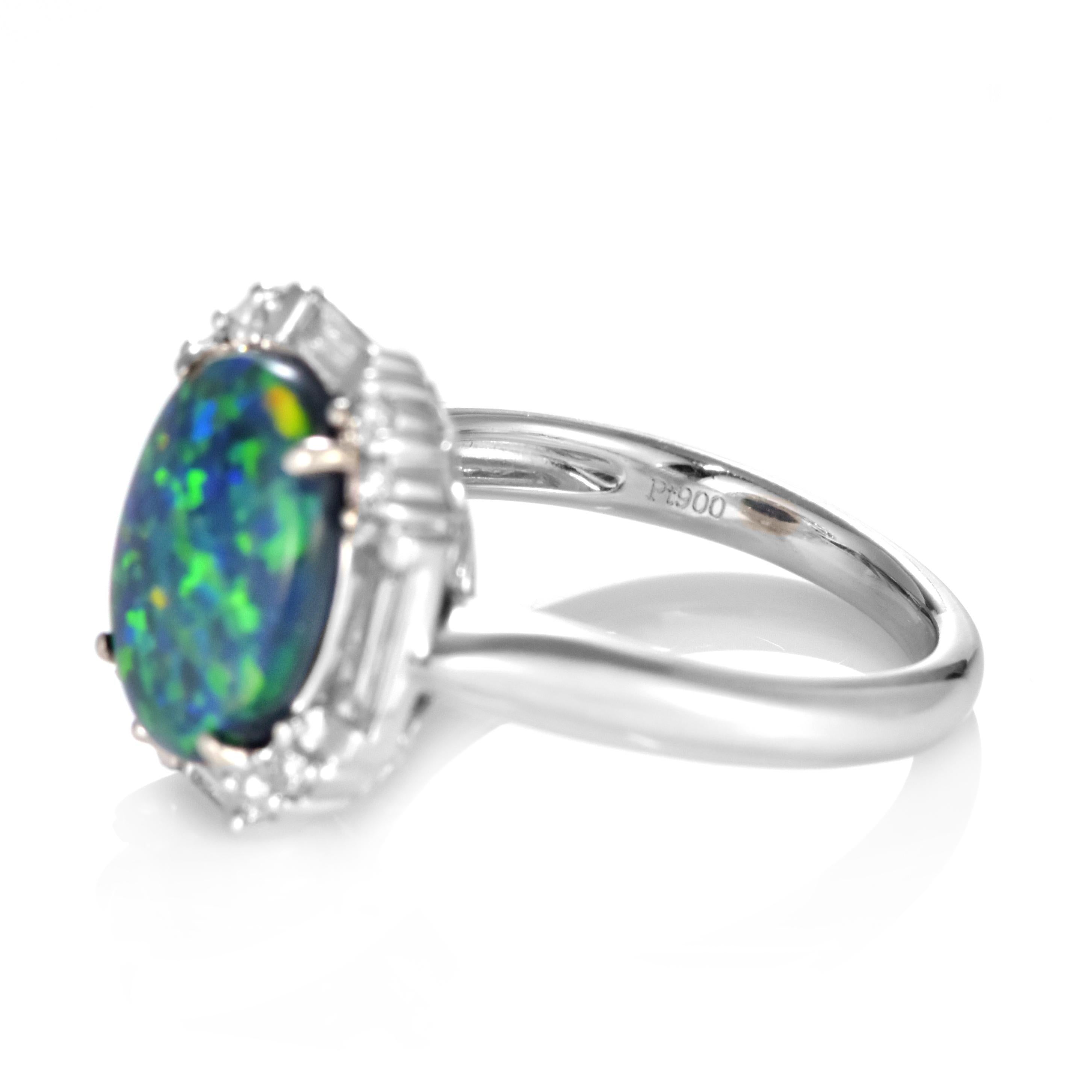 3.40 Carat Natural Australian Black Opal and Diamond Ring Made in Platinum For Sale 4