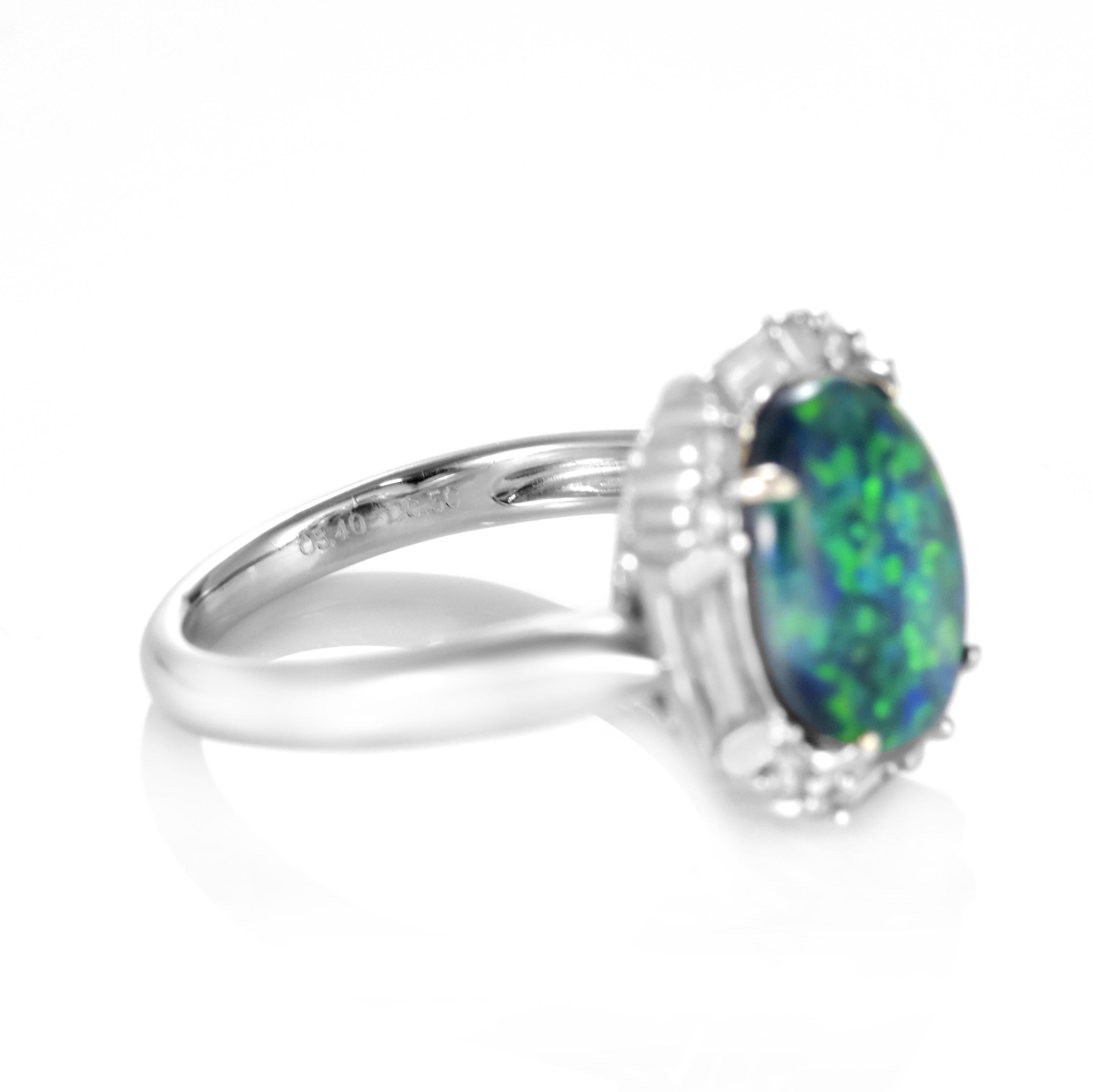 3.40 Carat Natural Australian Black Opal and Diamond Ring Made in Platinum For Sale 5