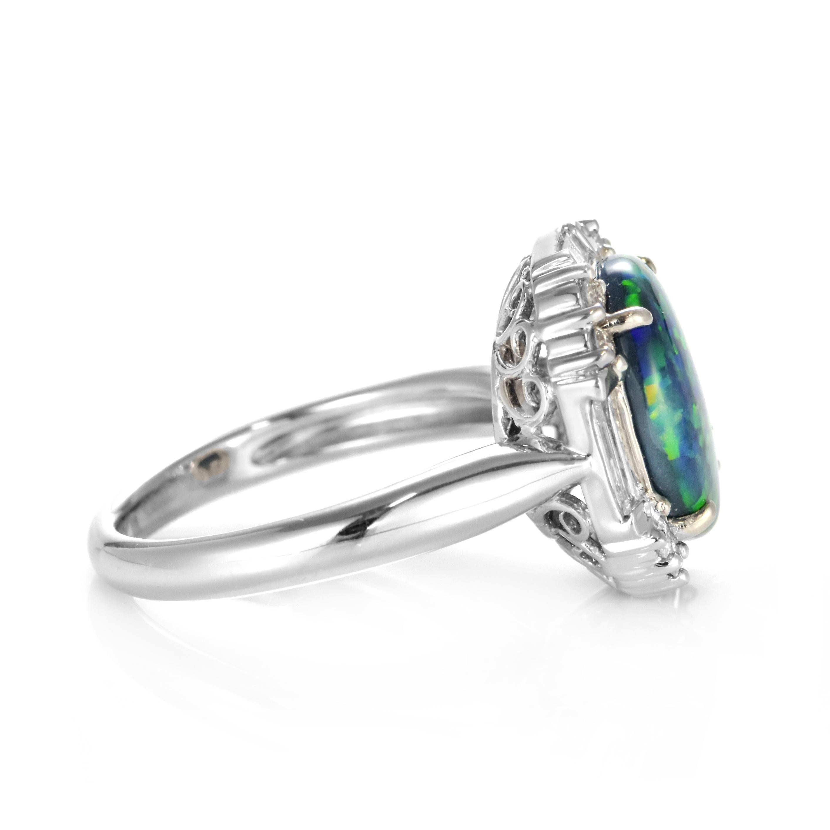 3.40 Carat Natural Australian Black Opal and Diamond Ring Made in Platinum For Sale 7