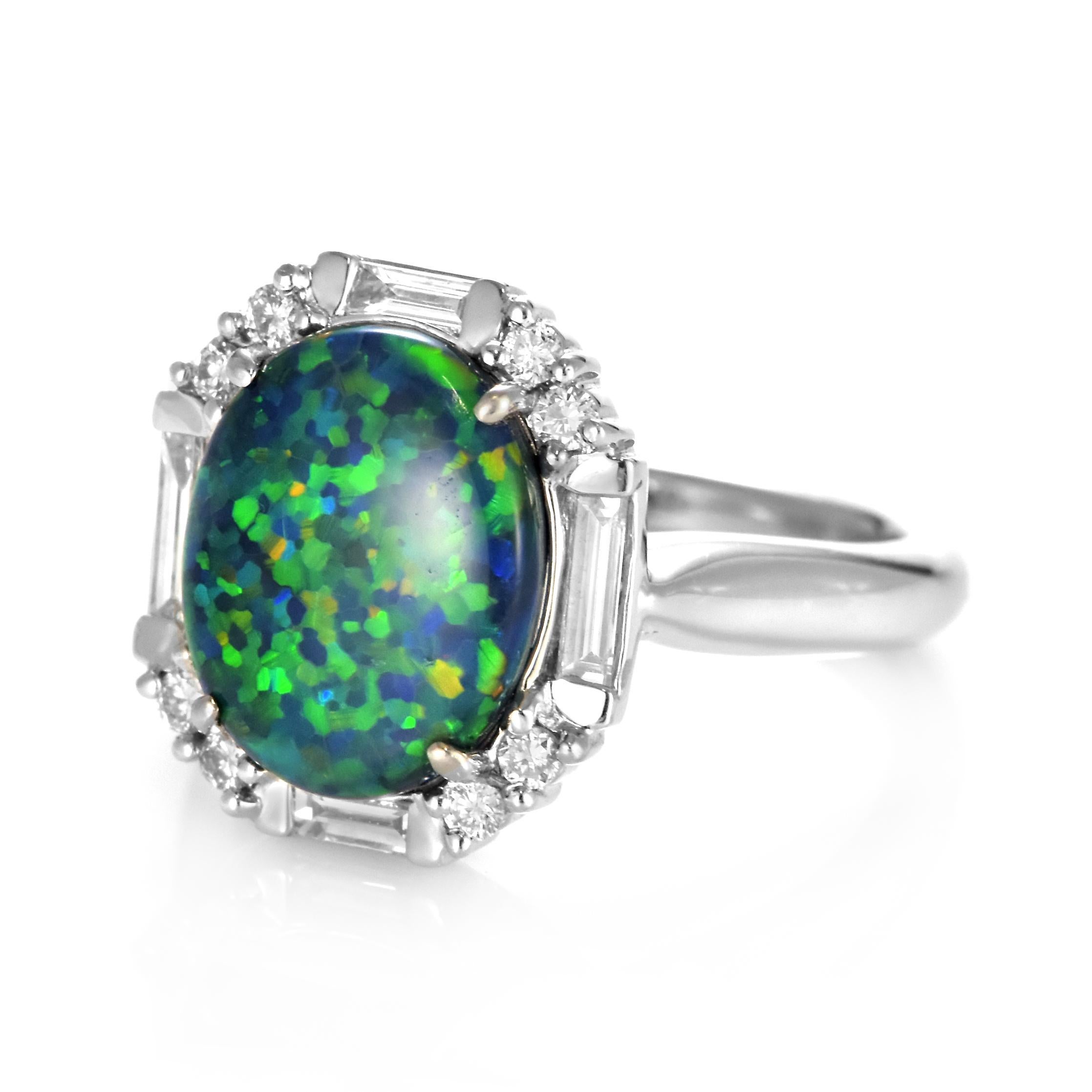 Modern 3.40 Carat Natural Australian Black Opal and Diamond Ring Made in Platinum For Sale