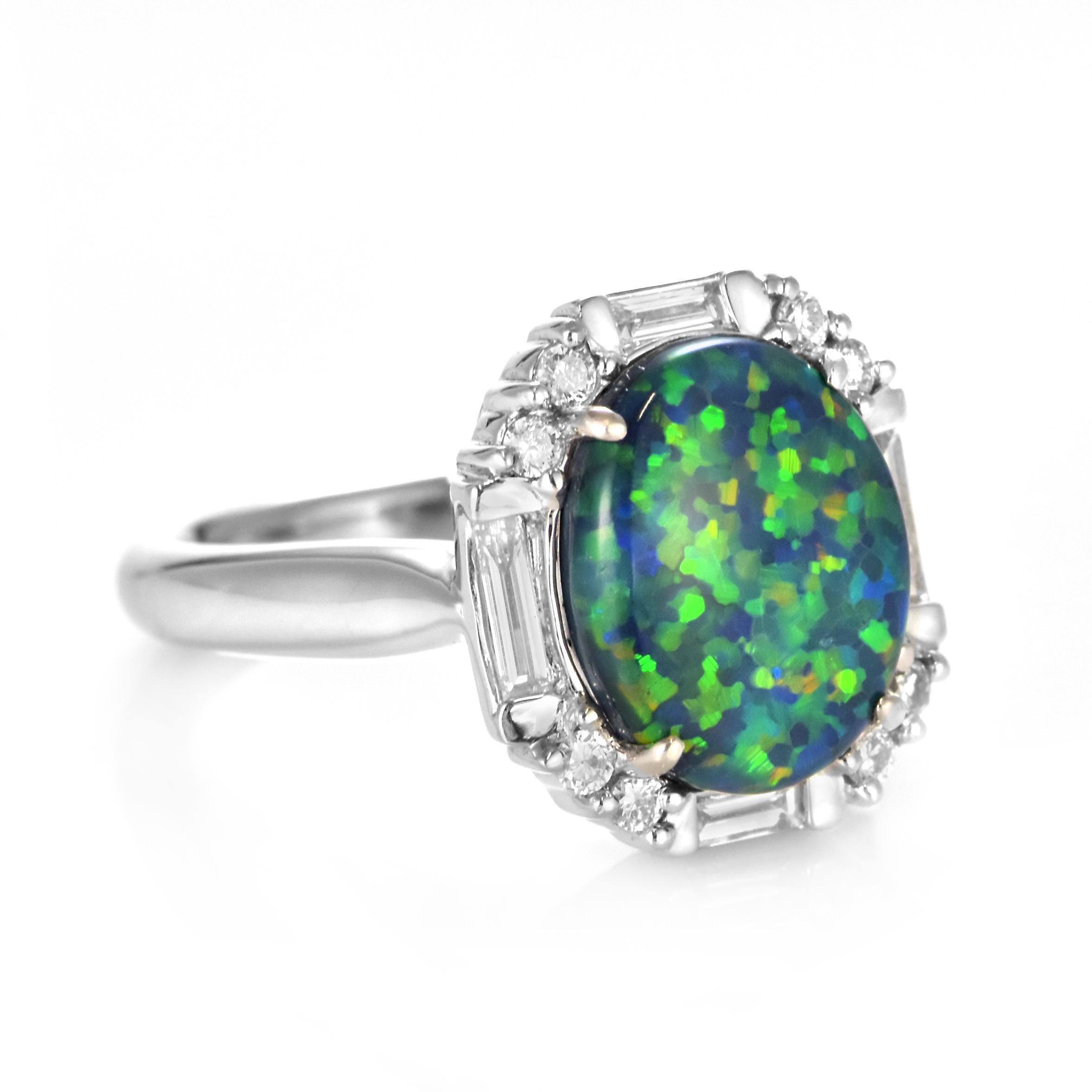 Cabochon 3.40 Carat Natural Australian Black Opal and Diamond Ring Made in Platinum For Sale