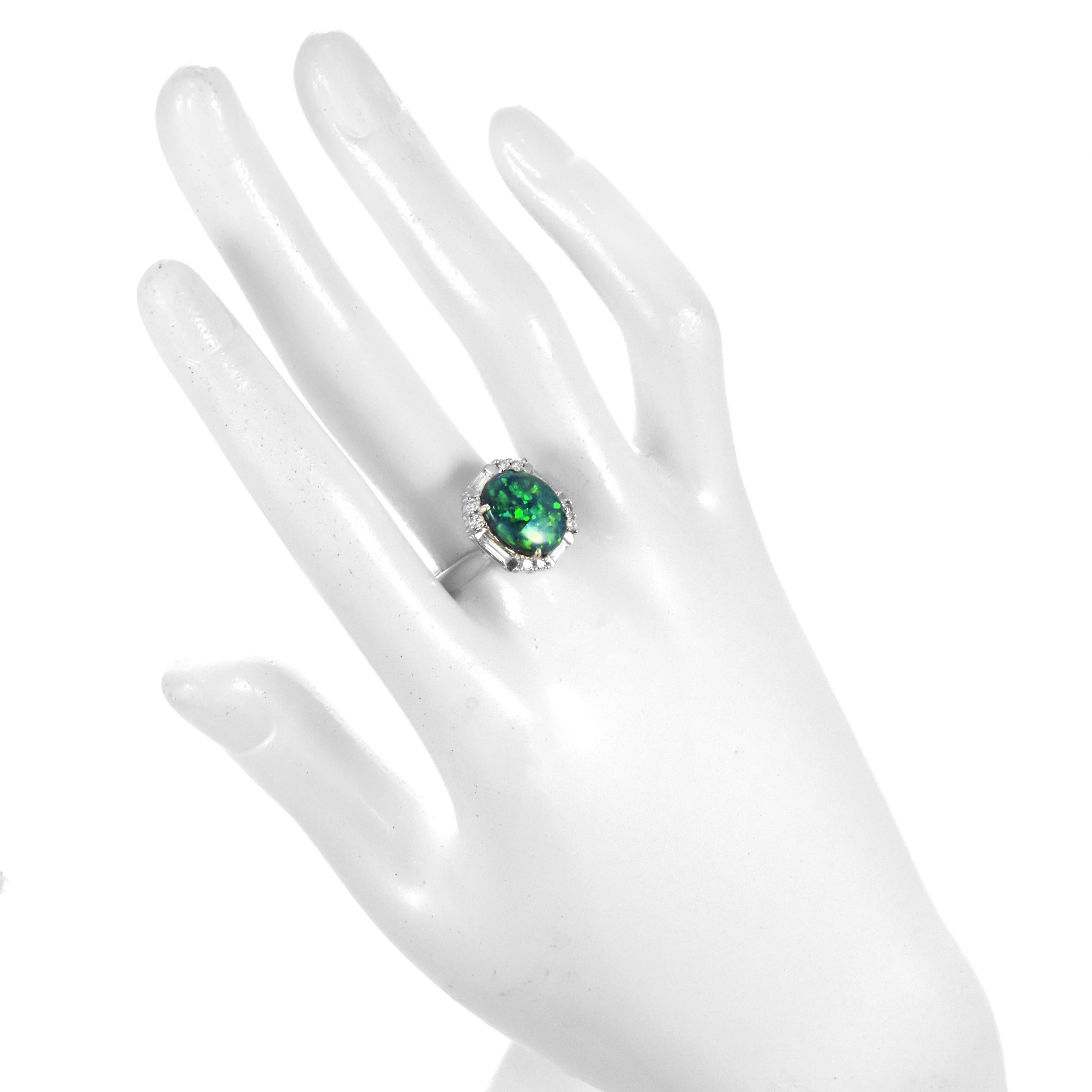 Women's 3.40 Carat Natural Australian Black Opal and Diamond Ring Made in Platinum For Sale
