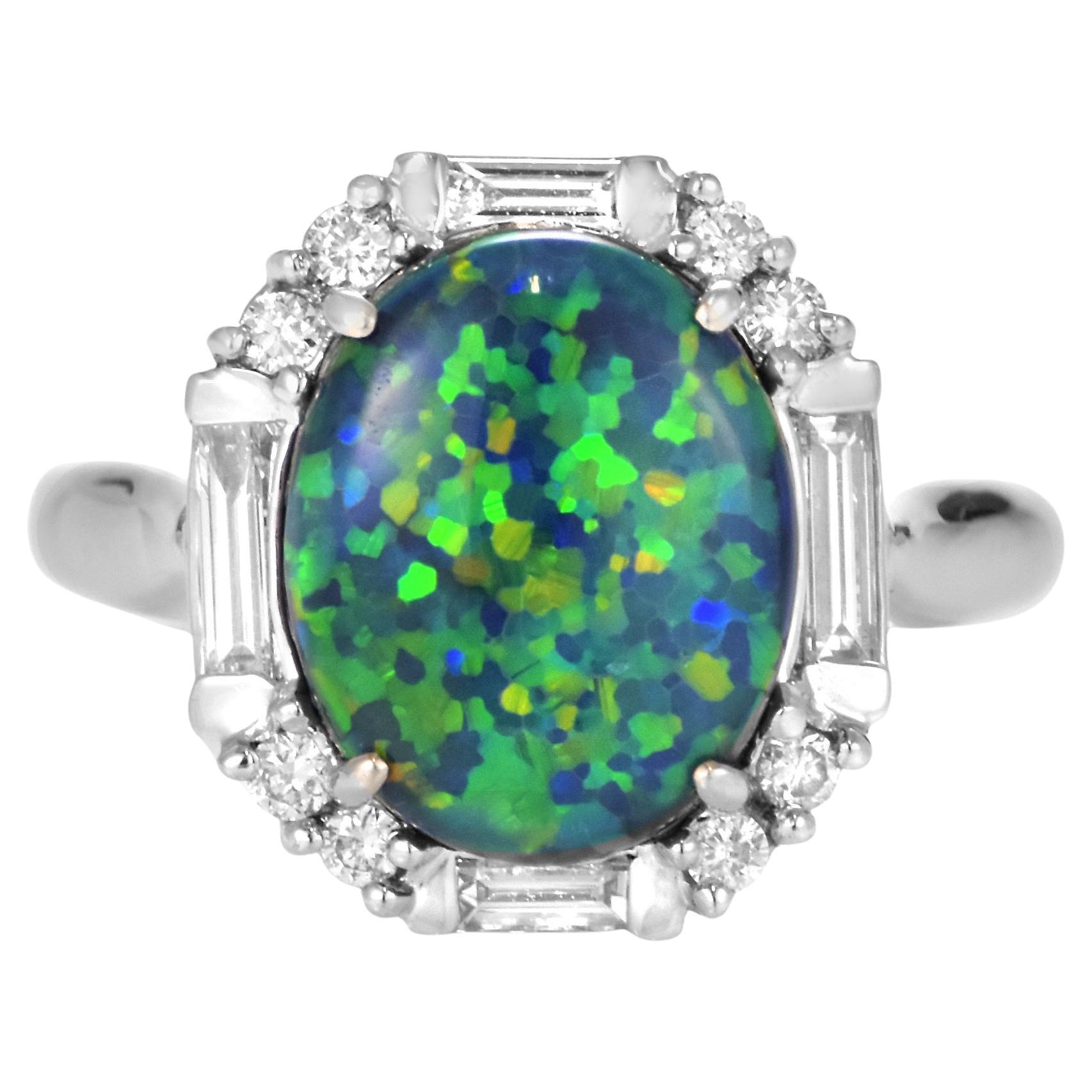 3.40 Carat Natural Australian Black Opal and Diamond Ring Made in Platinum