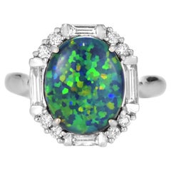 3.40 Carat Natural Australian Black Opal and Diamond Ring Made in Platinum