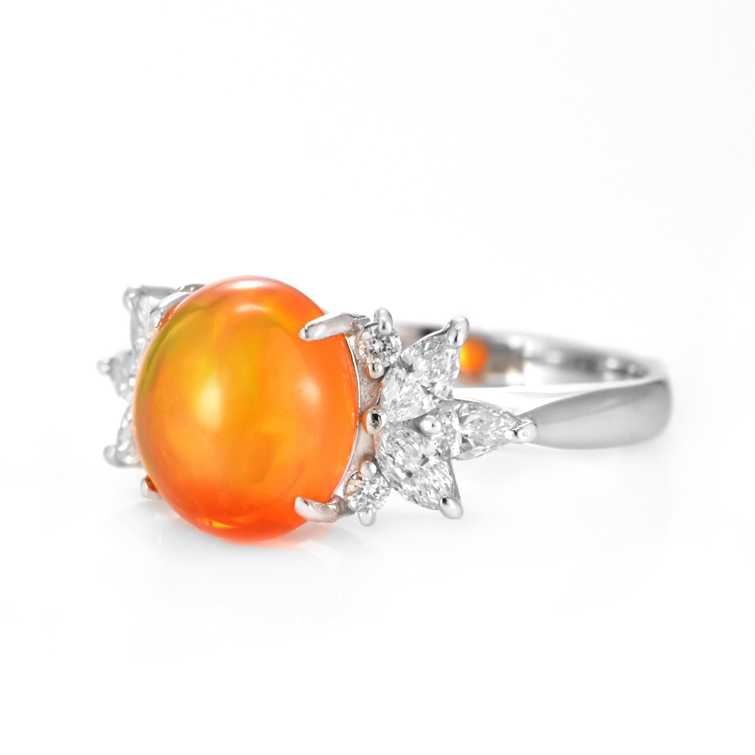 Modern 3.40 Carat Natural Caribbean Fire Opal and Diamond Ring Made in Platinum For Sale