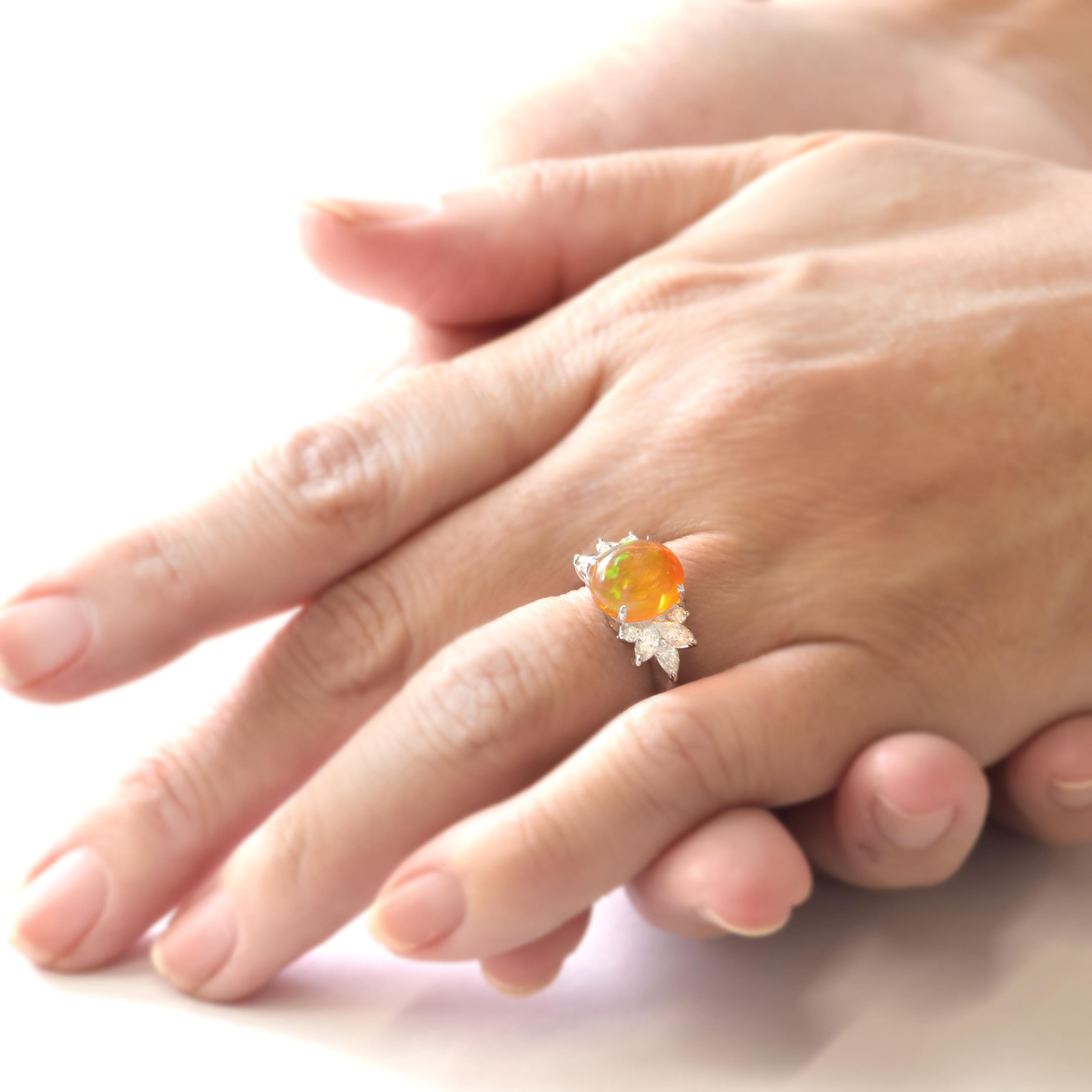 3.40 Carat Natural Caribbean Fire Opal and Diamond Ring Made in Platinum For Sale 1