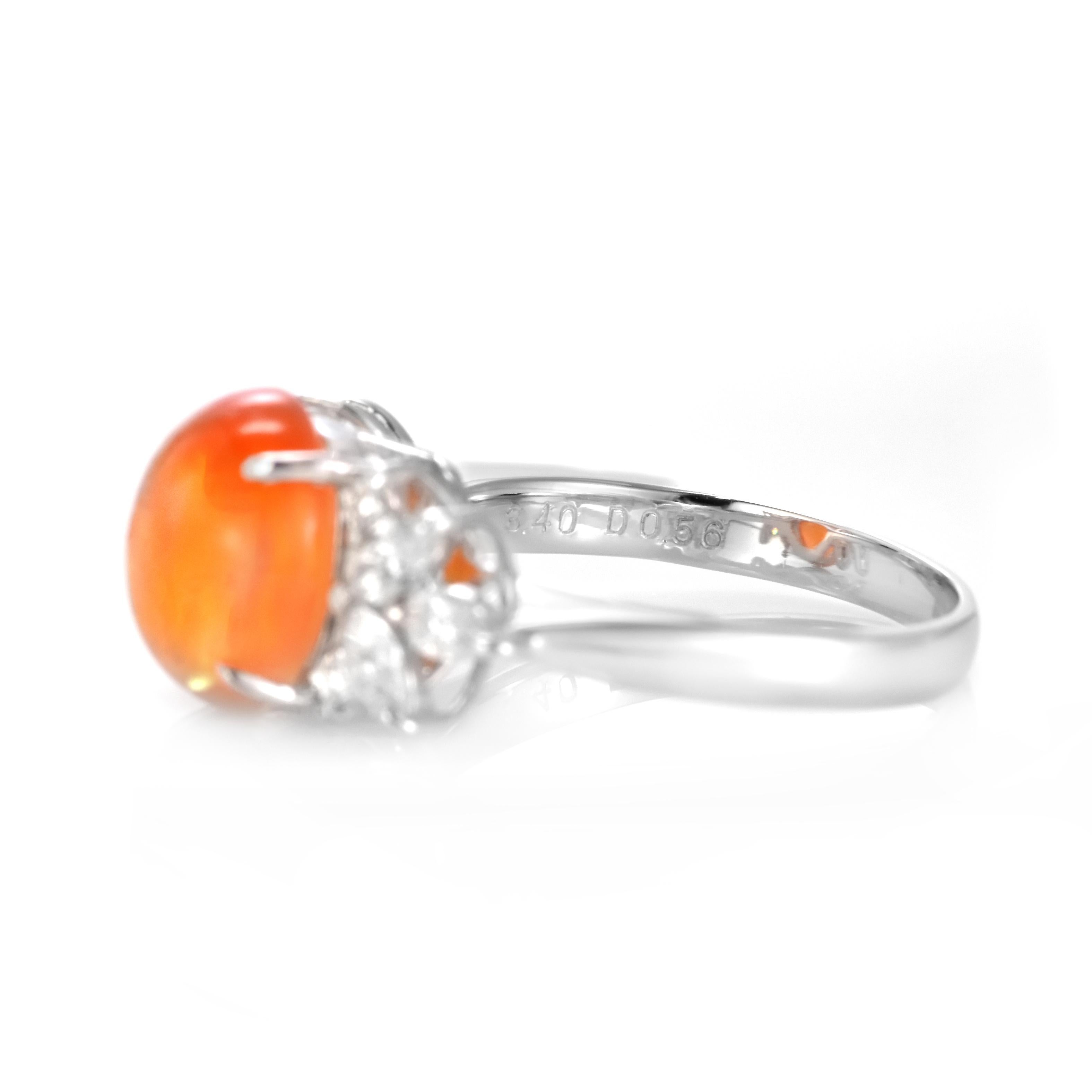 3.40 Carat Natural Caribbean Fire Opal and Diamond Ring Made in Platinum For Sale 2