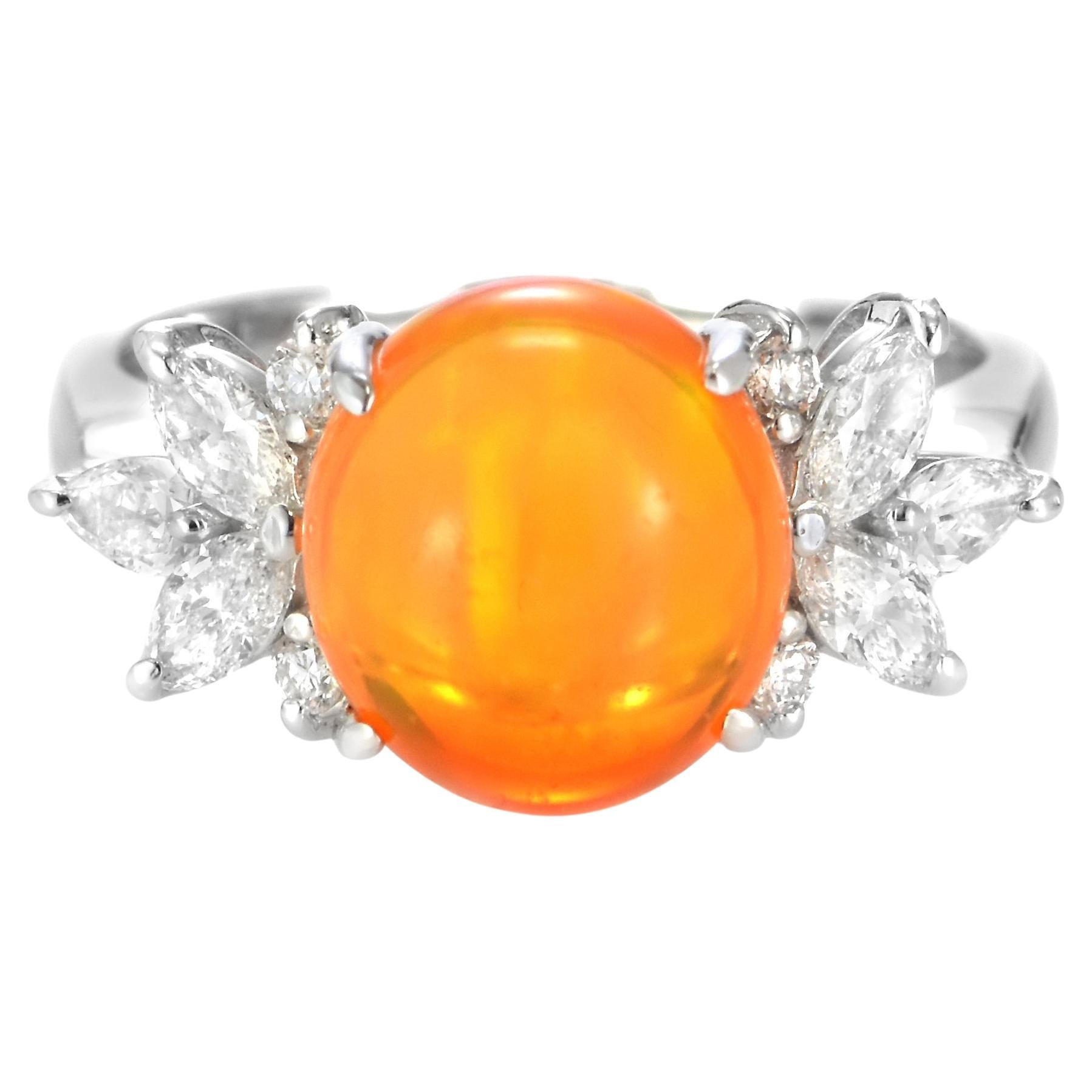 3.40 Carat Natural Caribbean Fire Opal and Diamond Ring Made in Platinum