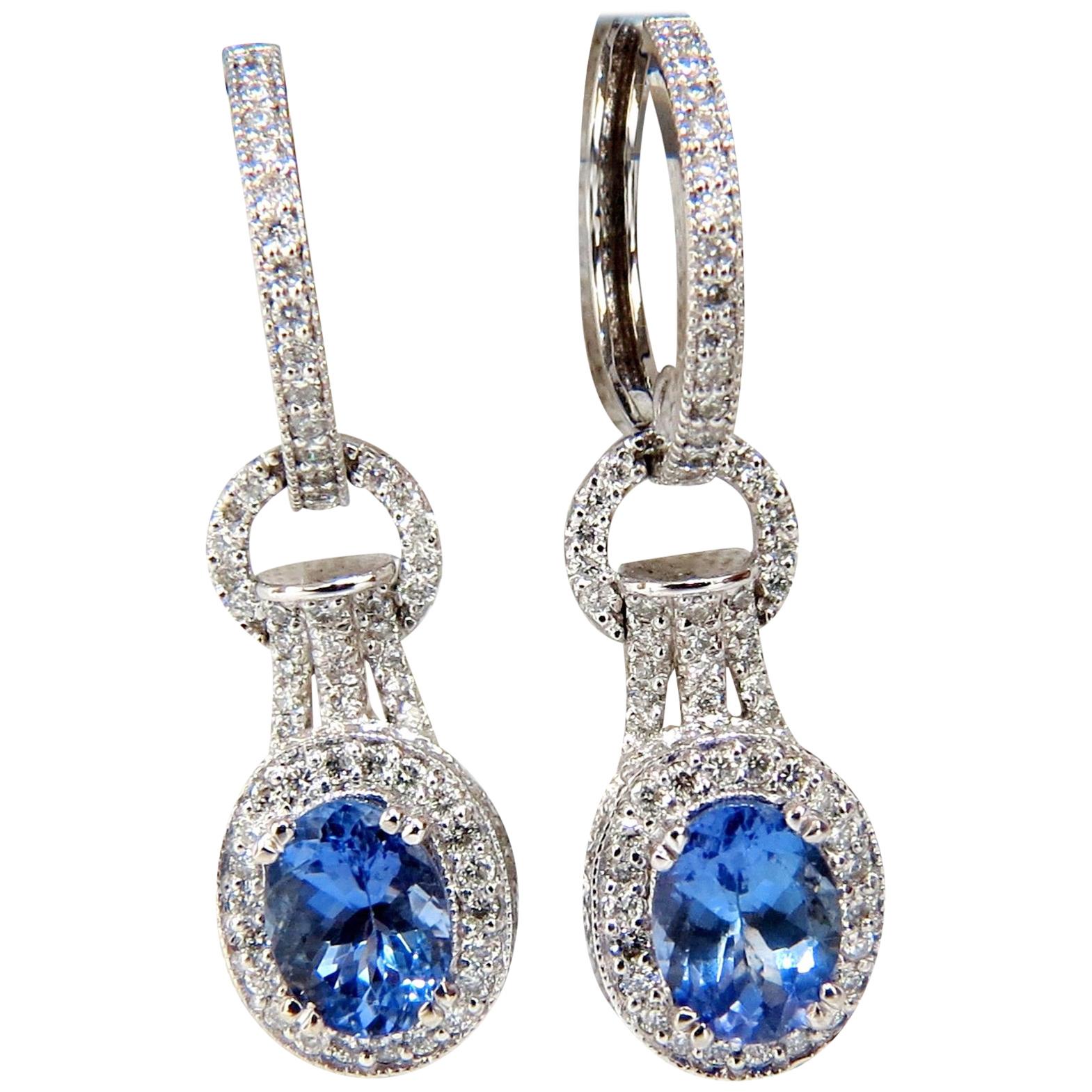 3.40 Carat Natural Oval Brilliant Tanzanite Diamonds Dangle Earrings 14 Karat