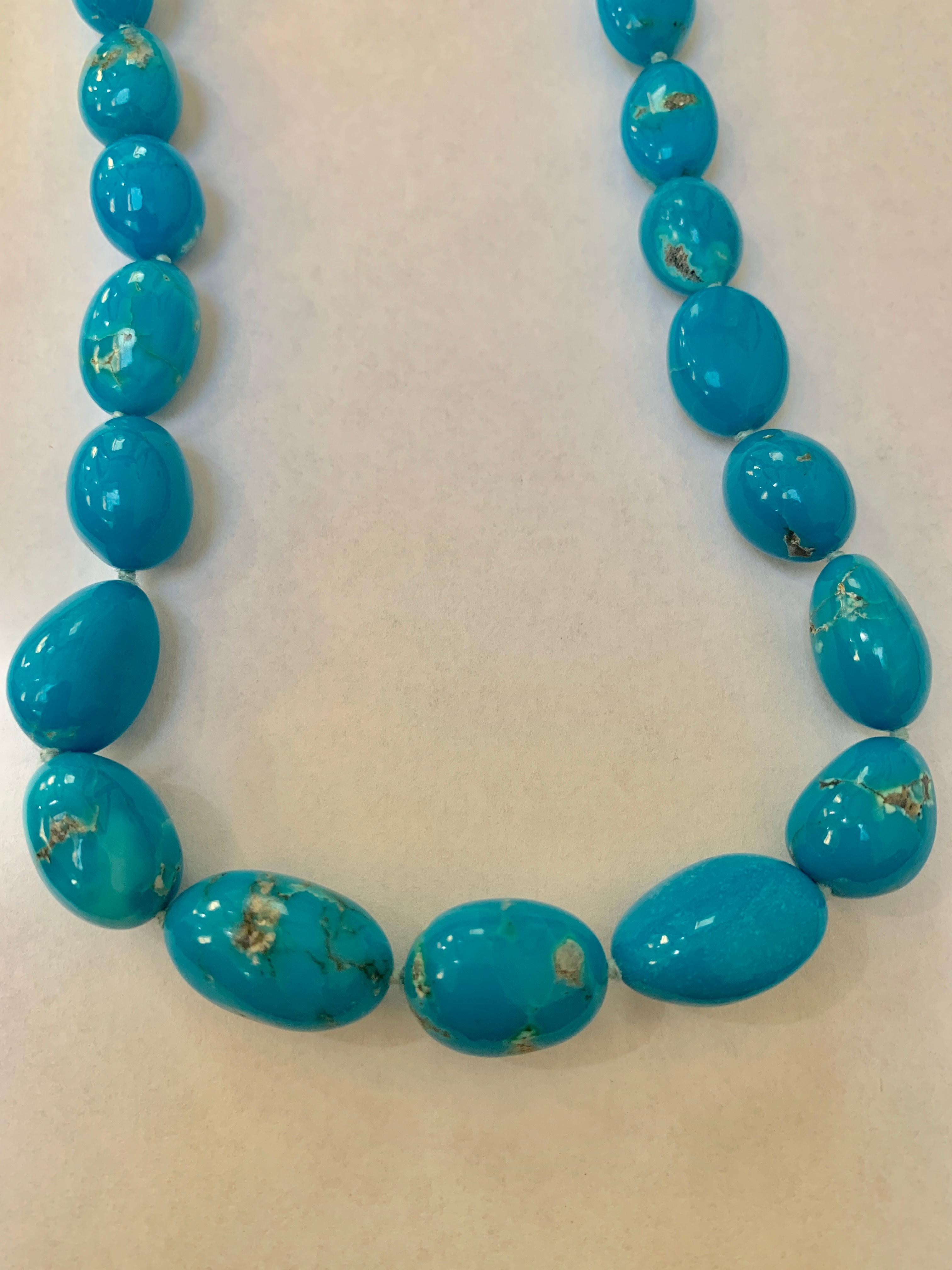 340 Carat Natural Sleeping Beauty Turquoise Necklace , Single Strand 14 K Gold
Natural Sleeping Beauty Turquoise which is very hard to find now. These beads have some colors
Necklace has 1 strand
Beads are graduating in size. range from 9X14 to