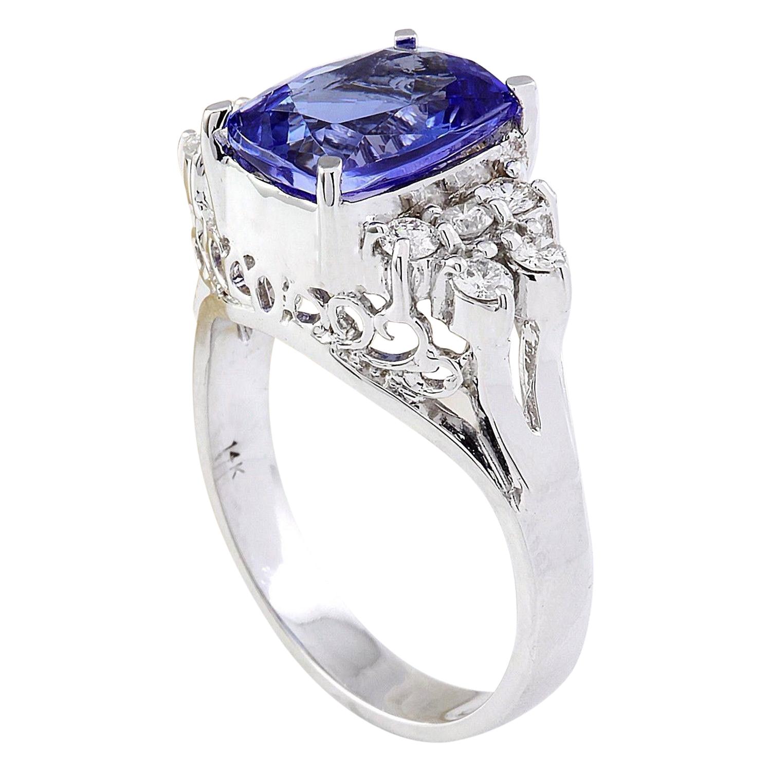 Cushion Cut Exquisite Natural Tanzanite Diamond Ring In 14K Solid White Gold  For Sale