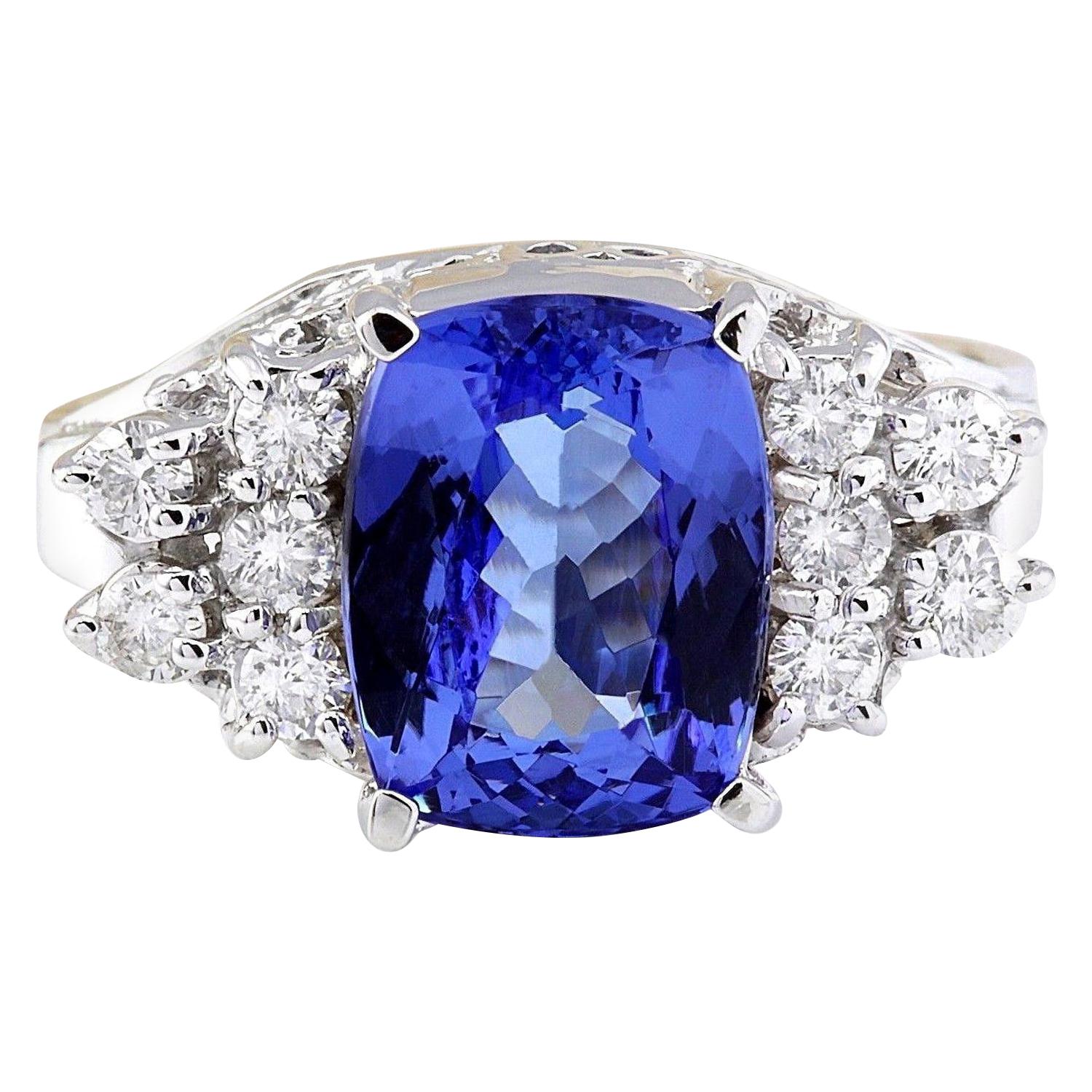 Exquisite Natural Tanzanite Diamond Ring In 14K Solid White Gold  For Sale