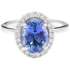 Bague en or blanc massif 14 carats avec tanzanite naturelle de 3,40 carats et diamants