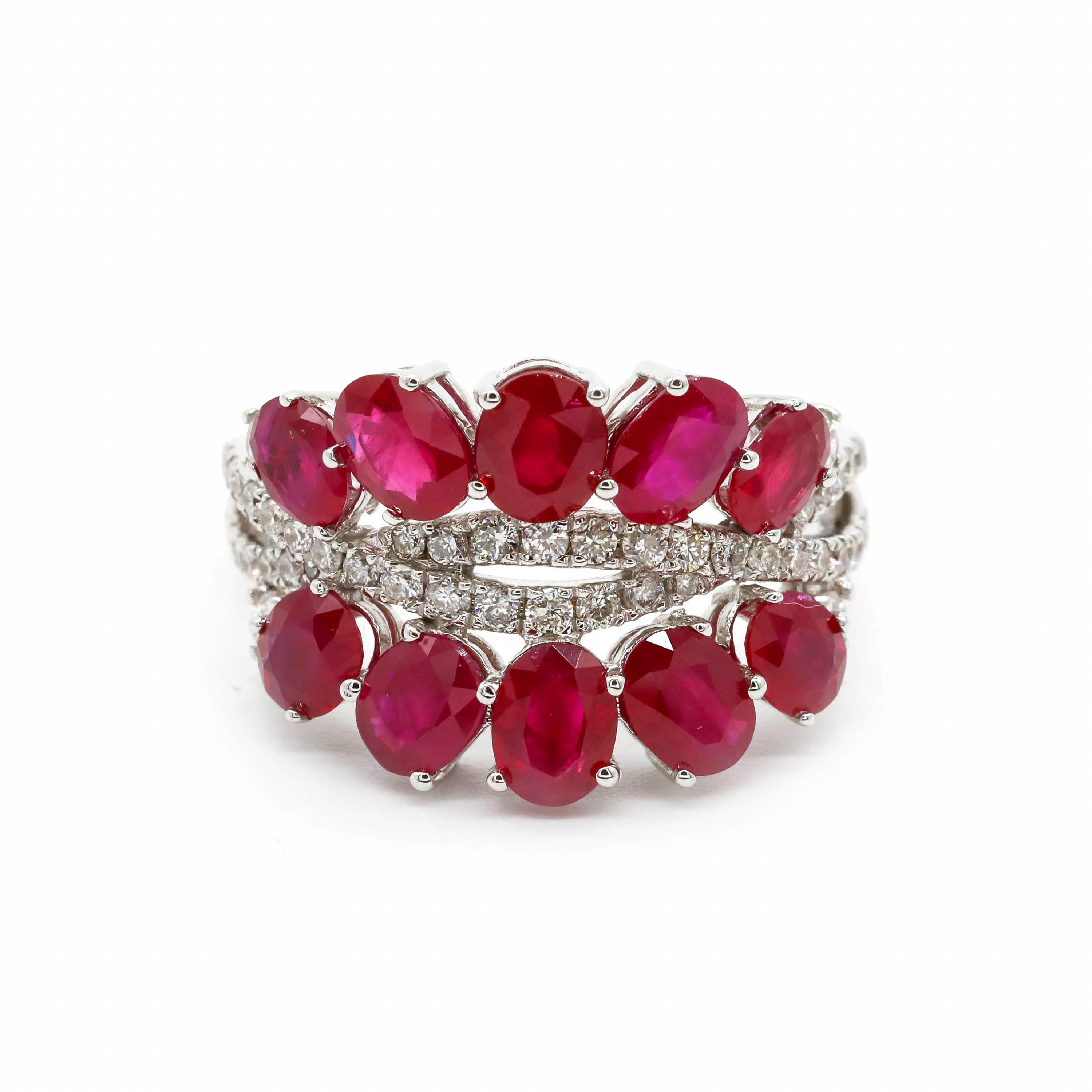 3.40 Carat Oval Cut Ruby and 0.59 Carat Diamond Pave 18K White Gold Cluster Ring For Sale