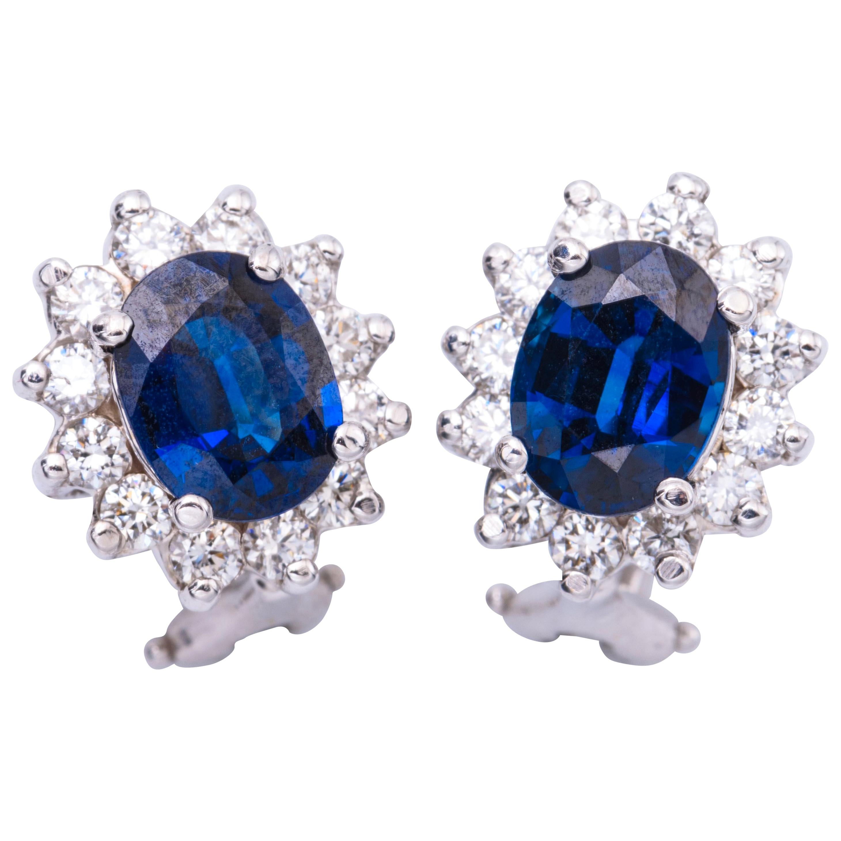 3.40 Carat Oval Sapphires Diamond Gold Earrings
