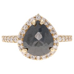 3.40 Carat Pear Cut Black Diamond Yellow Gold Engagement Ring