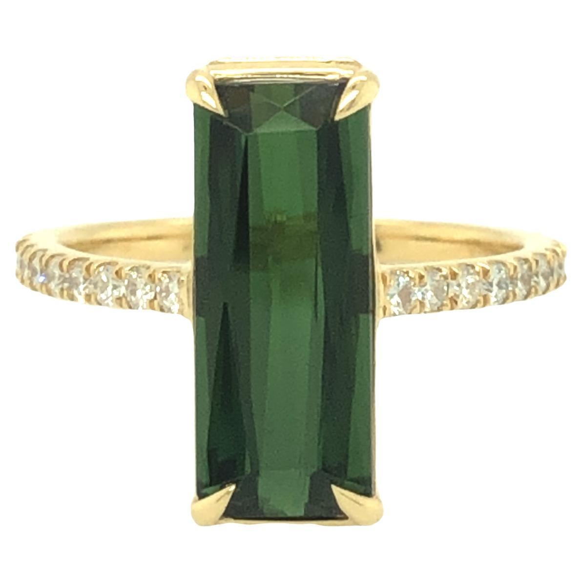Gems Are Forever 3.40 Carat Rectangle Green Tourmaline and Diamond Ring For Sale