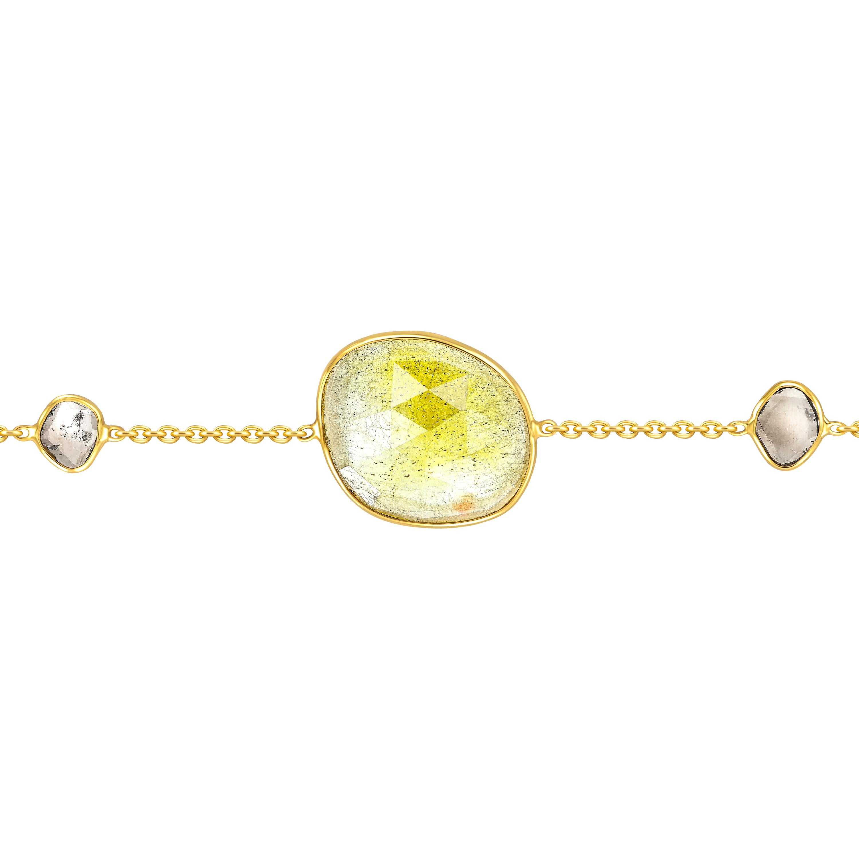 Adorn your wrist with this beautiful 3.25 Carat Rose Cut Yellow Sapphire Bracelet featuring a 0.15 Carat in two Diamond slices set in 18 Karat Yellow Gold. Each piece is hand made with a unique shaped precious stone in the center and sides so no two