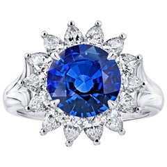 3.40 Carat Round Blue Sapphire and Diamond Platinum Ring