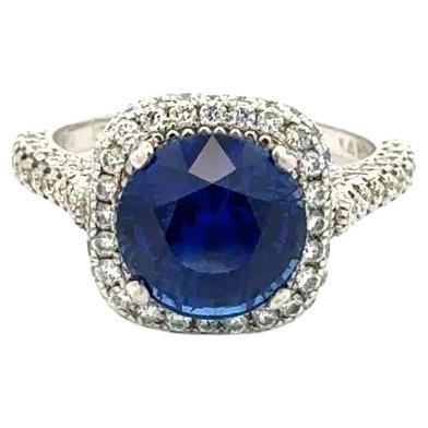 3.40 Carat Royal Blue Sapphire Diamond Gold Statement Ring Estate Fine Jewelry