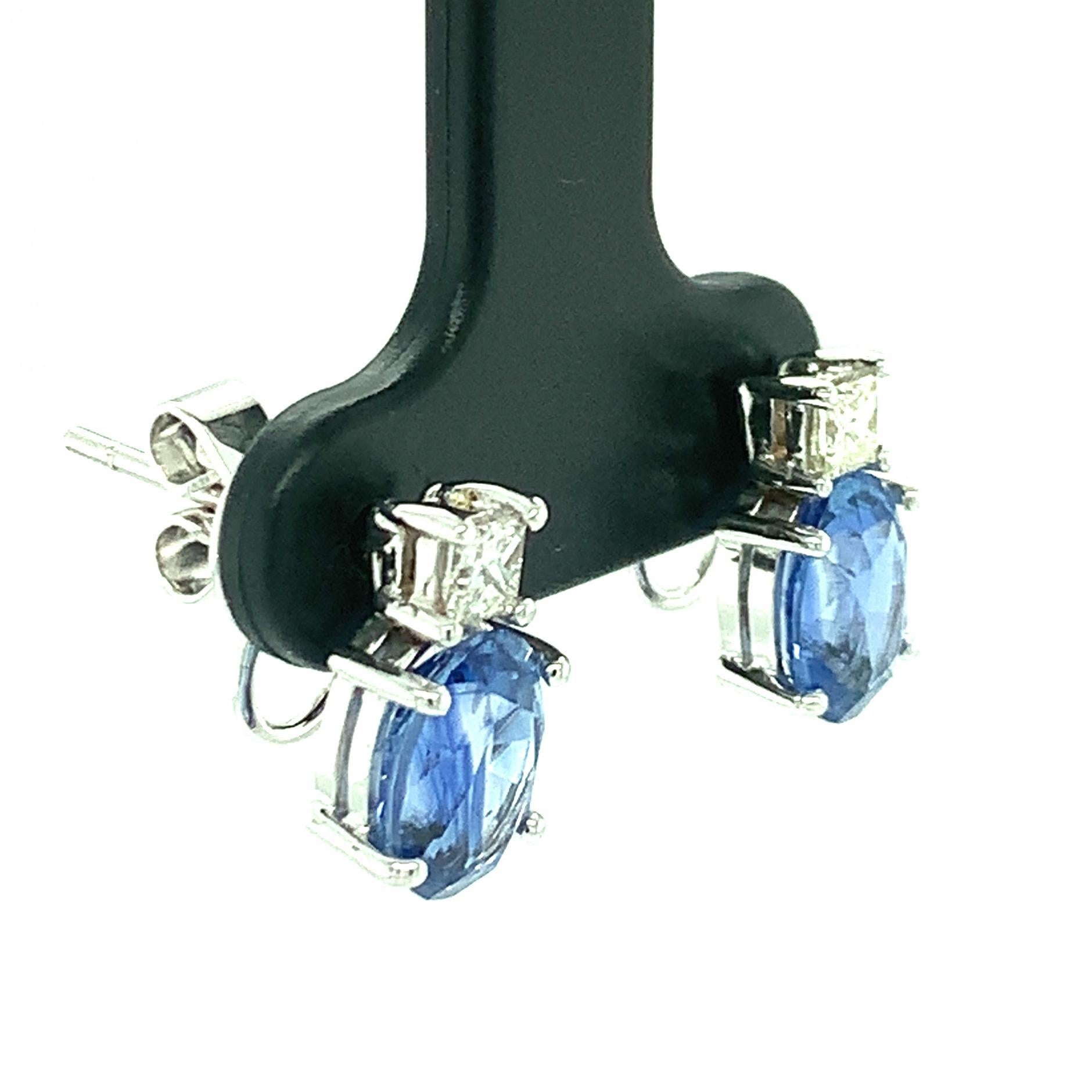 Artisan Blue Sapphire and Princess Cut Diamond Earrings in White Gold, 3.40 Carat Total  For Sale