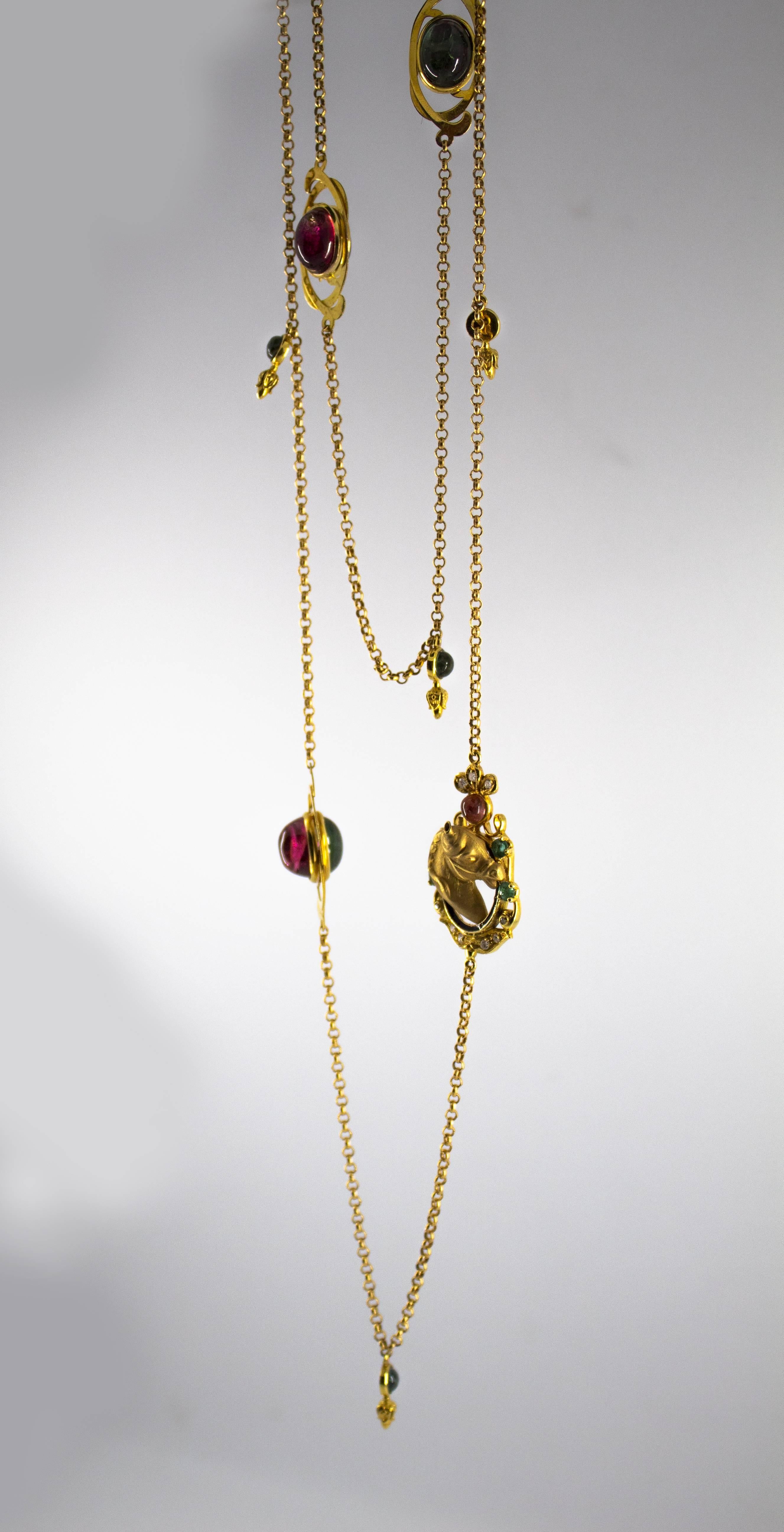 Renaissance Collier goutte en or jaune avec tourmaline de 34.0 carats et émeraude de 0,21 carat et diamants en vente