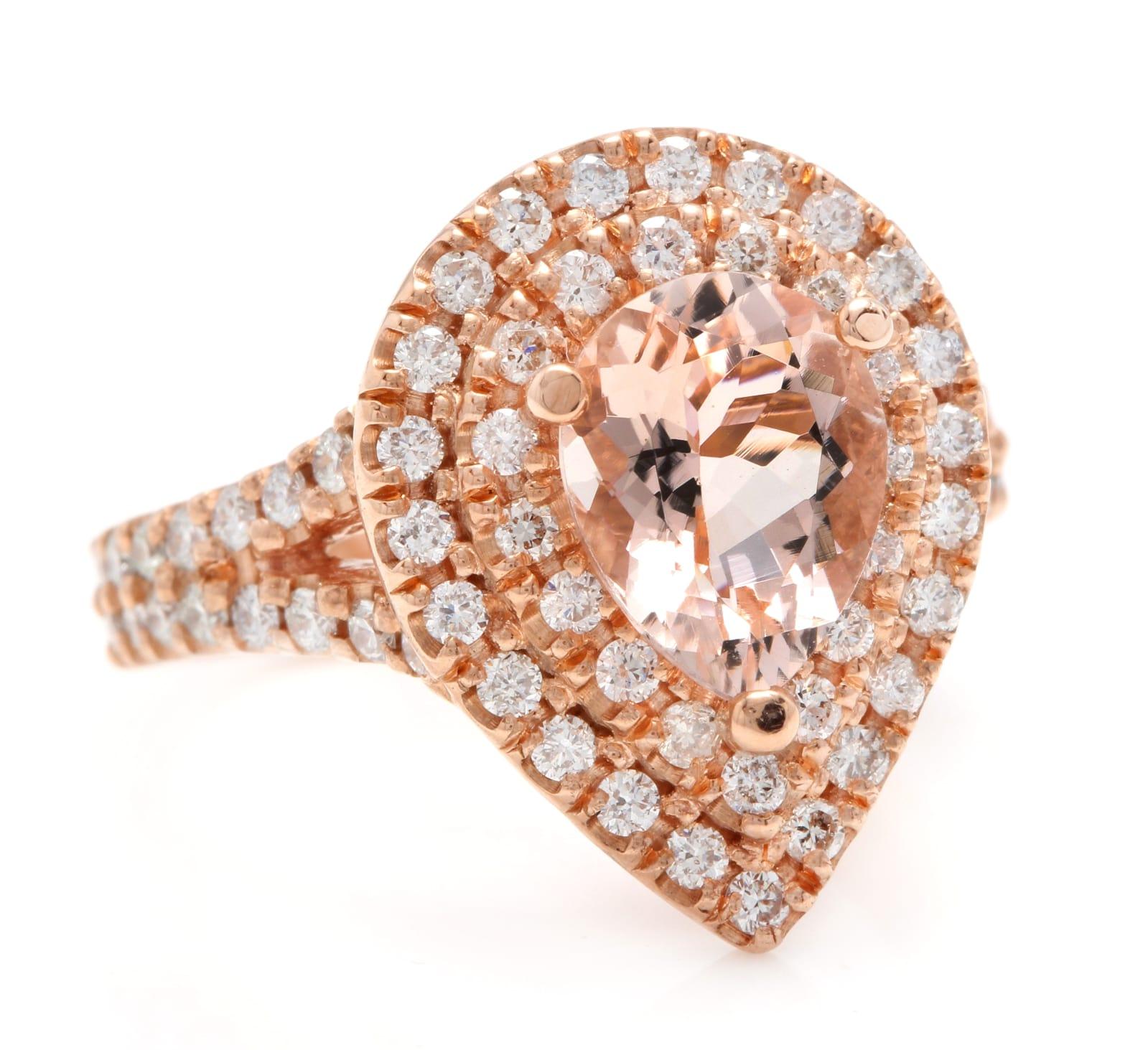 3.40 Carats Exquisite Natural Morganite and Diamond 14K Solid Rose Gold Ring

Suggested Replacement Value: $4,800.00

Total Natural Pear Shaped Morganite Weights: Approx. 2.00 Carats

Morganite Measures: Approx. 10.00 x 7.00mm

Morganite Treatment: