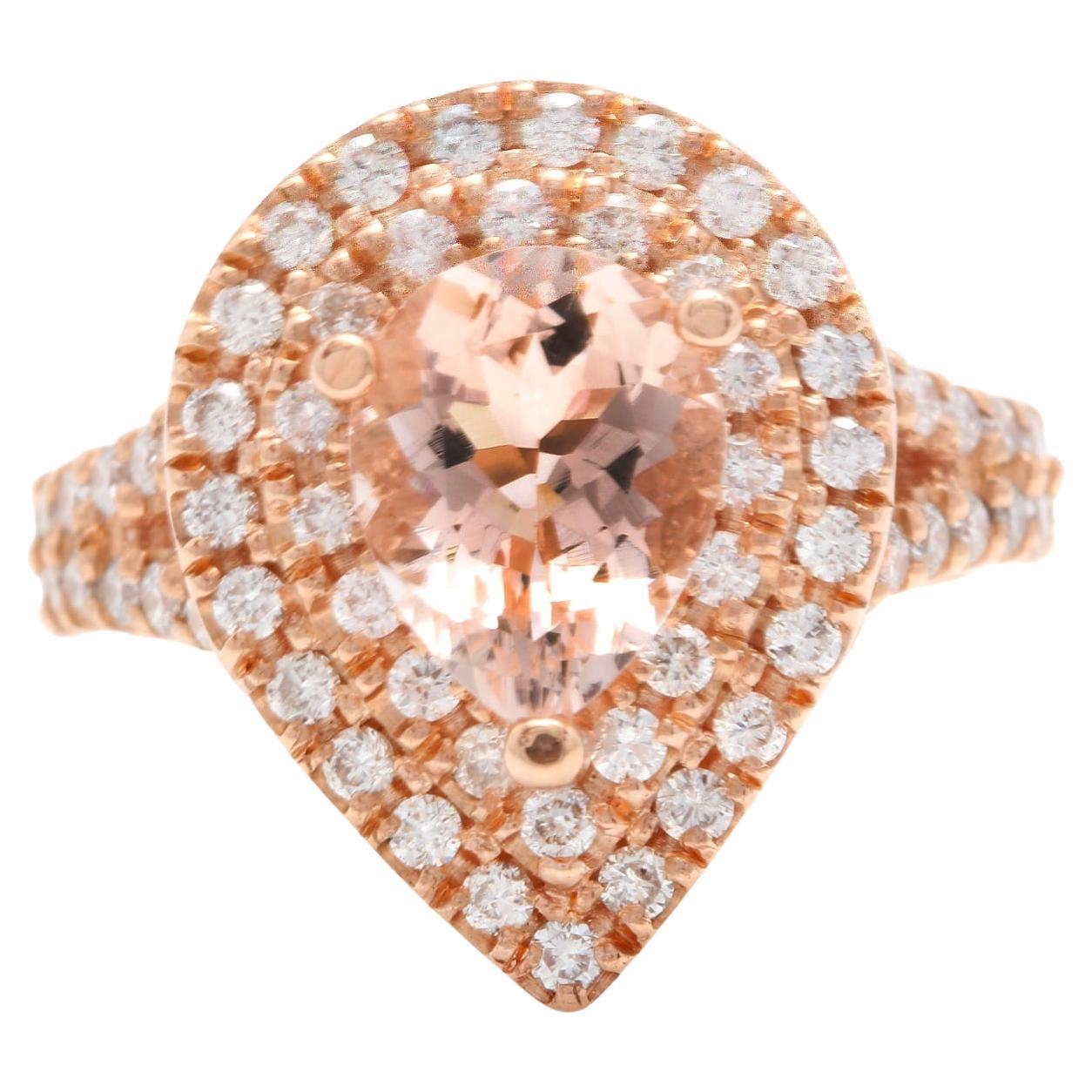 Bague en or rose massif 14 carats avec diamants et morganite naturelle exquise de 3,40 carats