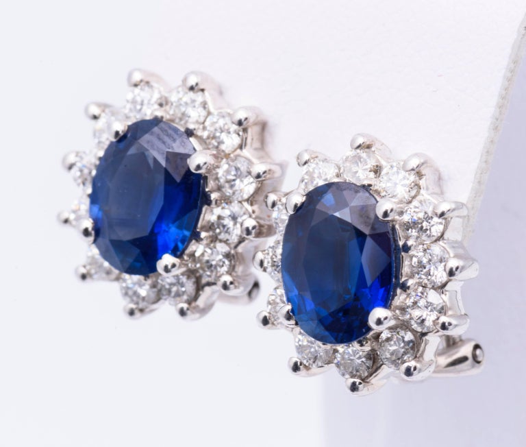 3.40 Carat Oval Sapphires Diamond Gold Earrings For Sale at 1stDibs