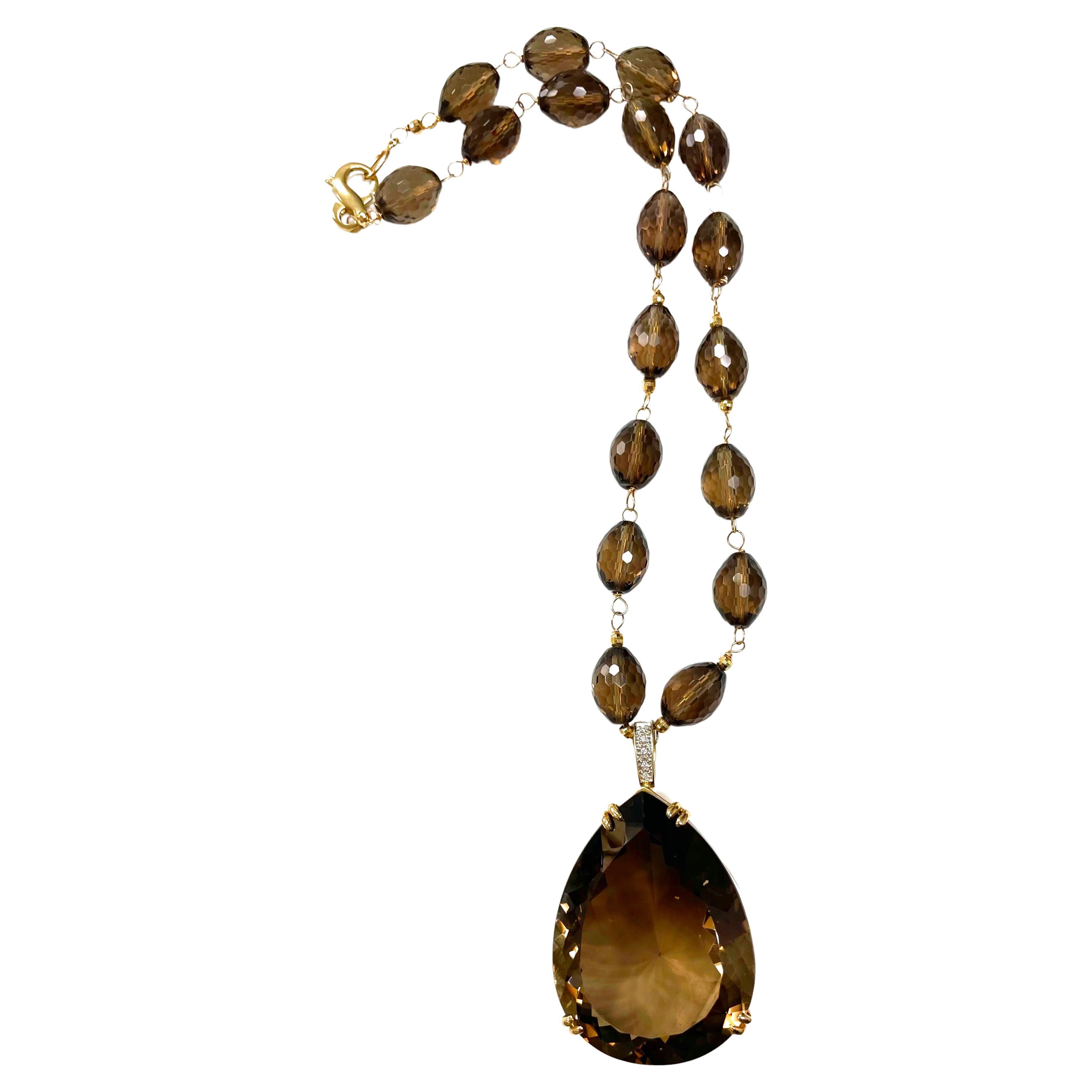 Description
Beautiful, oval faceted Smoky Quartz necklace adorned with a stunning pear shape pendant and accented with 14k yellow gold faceted balls. This dramatically large faceted Smoky Quartz pendant, with pave diamond enhancer, is removable; but