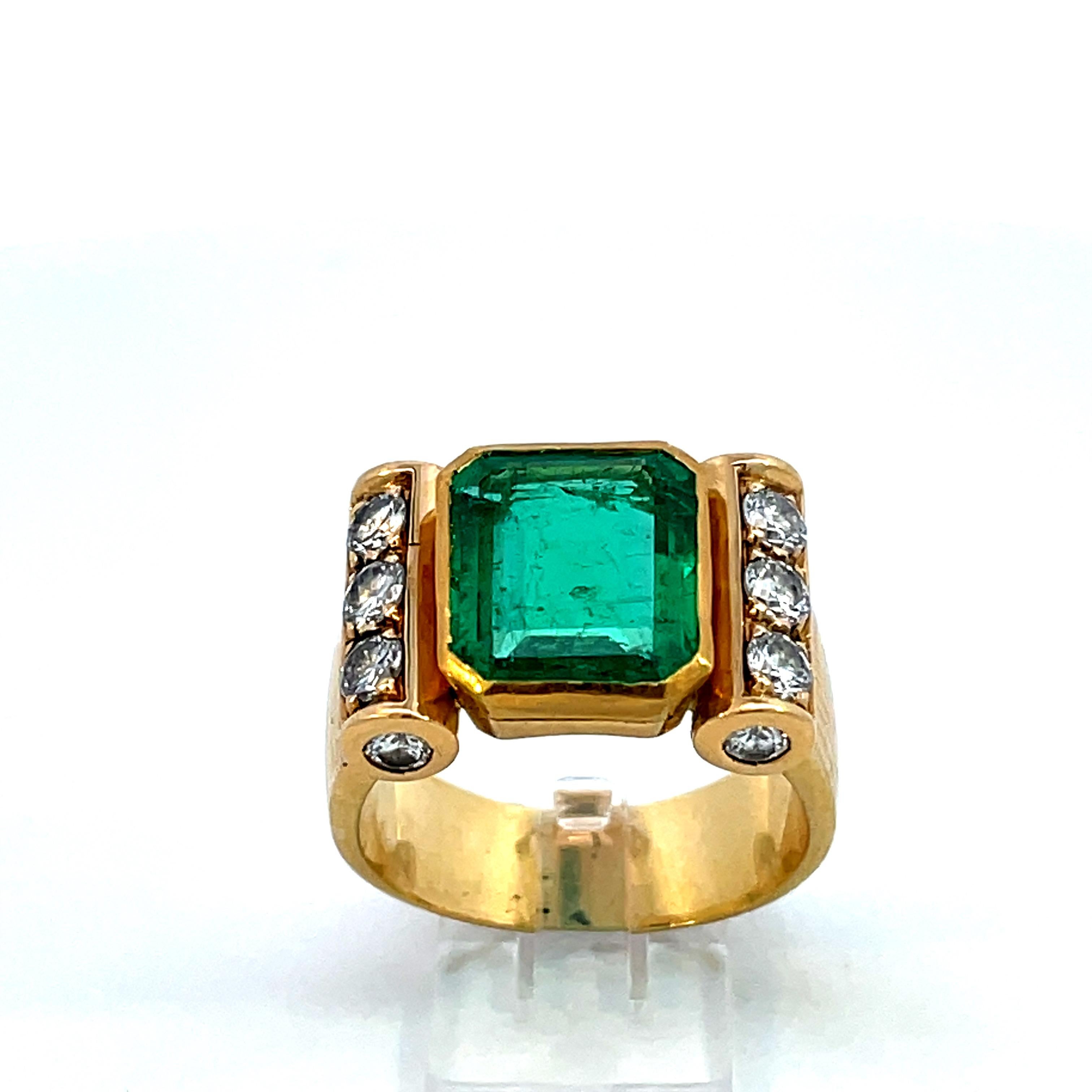 Art Deco 3.40 ct Colombian Emerald Minor Oil Type GRS certificate Gold diamond ring