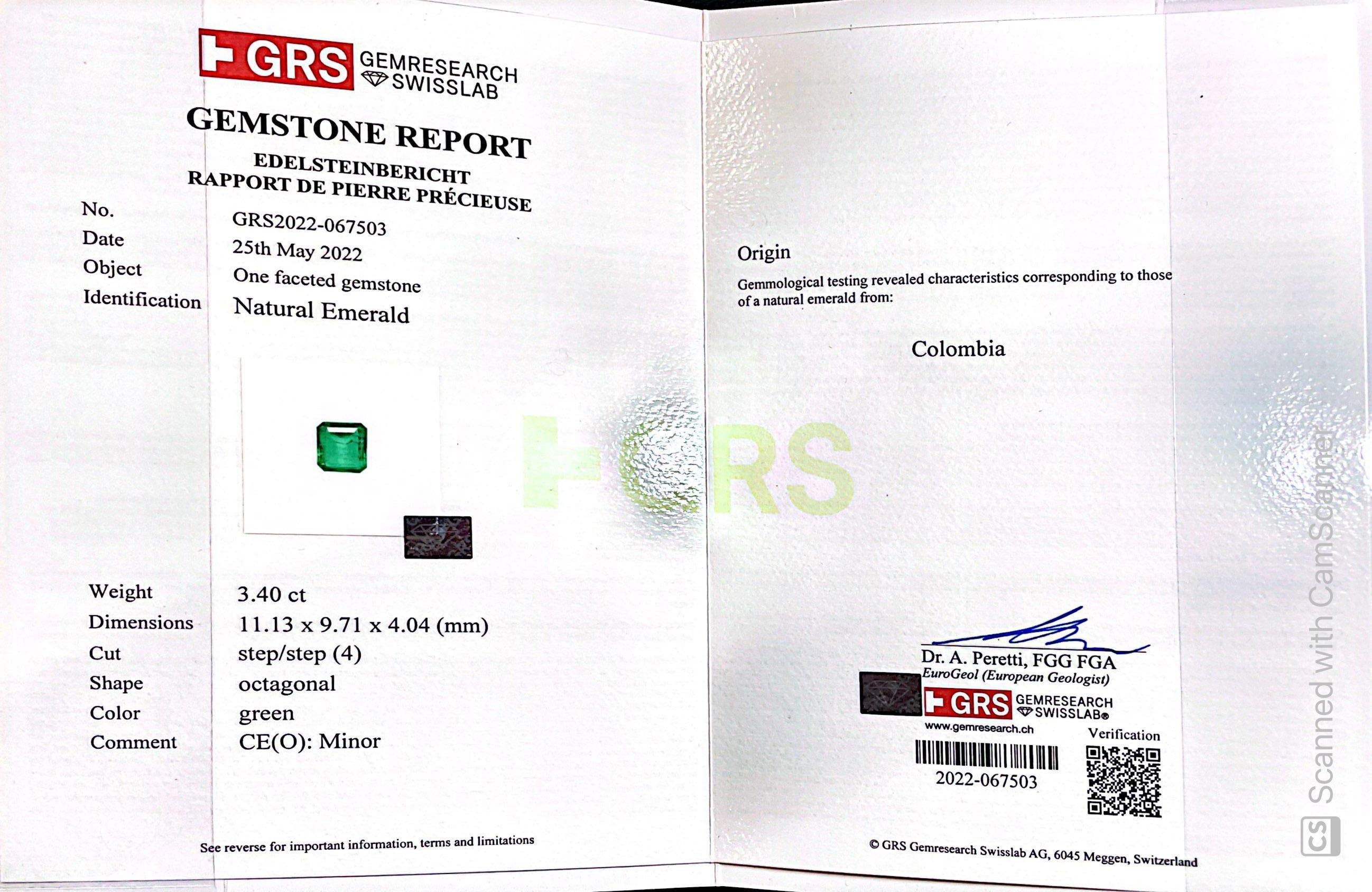 Emerald Cut 3.40 ct Colombian Emerald Minor Oil Type GRS certificate Gold diamond ring