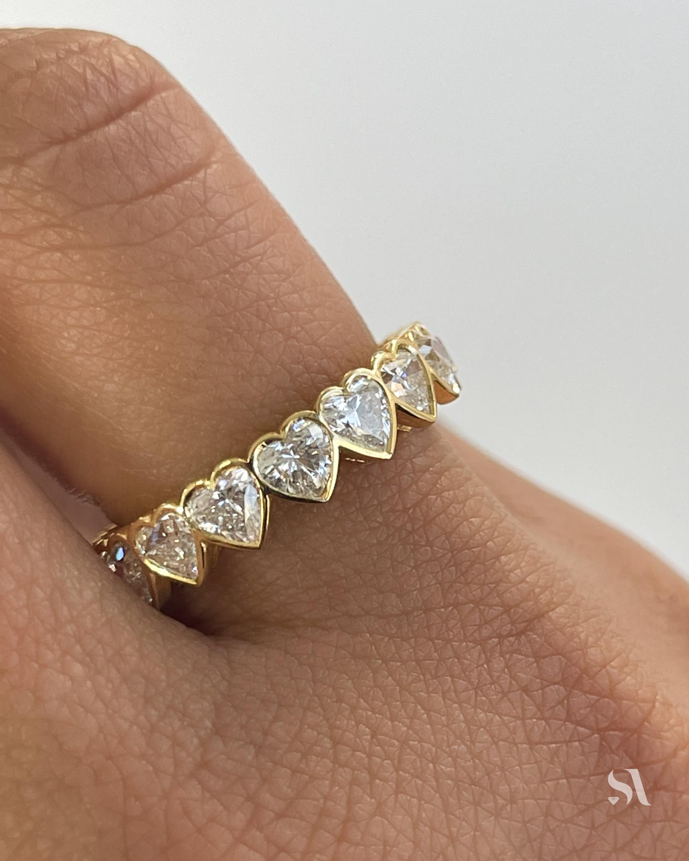 3.40 tcw Heart Shaped Natural Diamond Bezel Set Eternity Band Ring 18k Gold For Sale