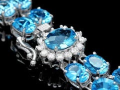 34.00 Natural Swiss Blue Topaz and Diamond 14K Solid White Gold Bracelet