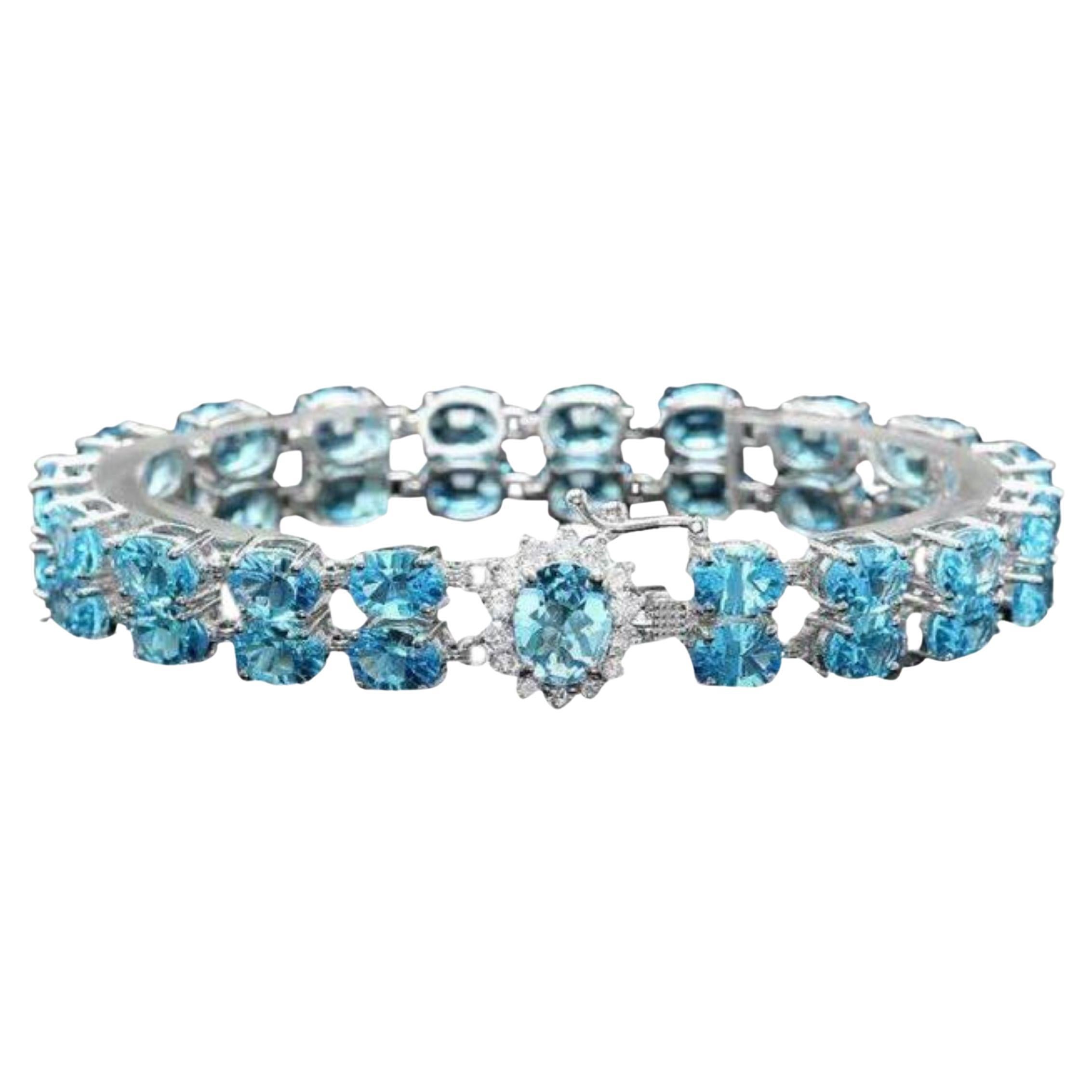 34.00 Natural Swiss Blue Topaz and Diamond 14K Solid White Gold Bracelet For Sale