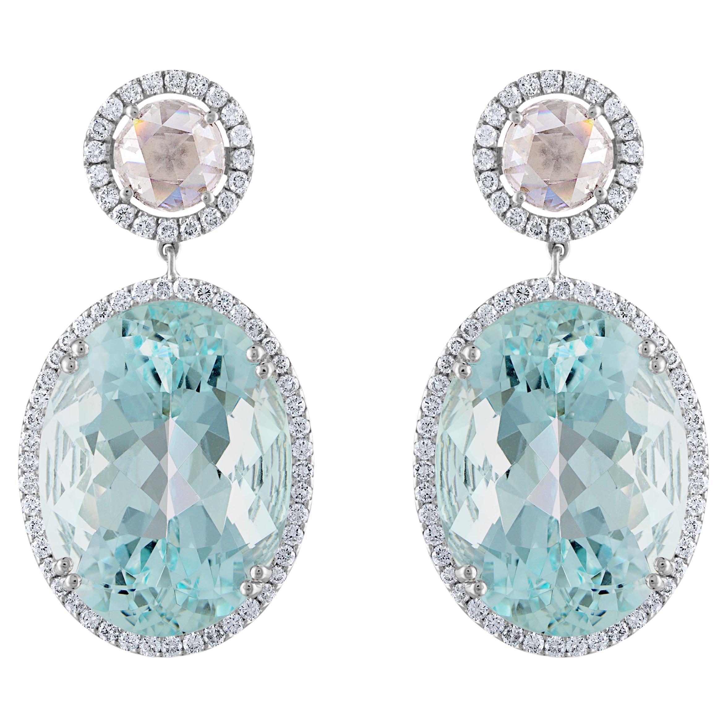 34.01 Carat Oval-Cut Aquamarine and Diamond Gold Earrings
