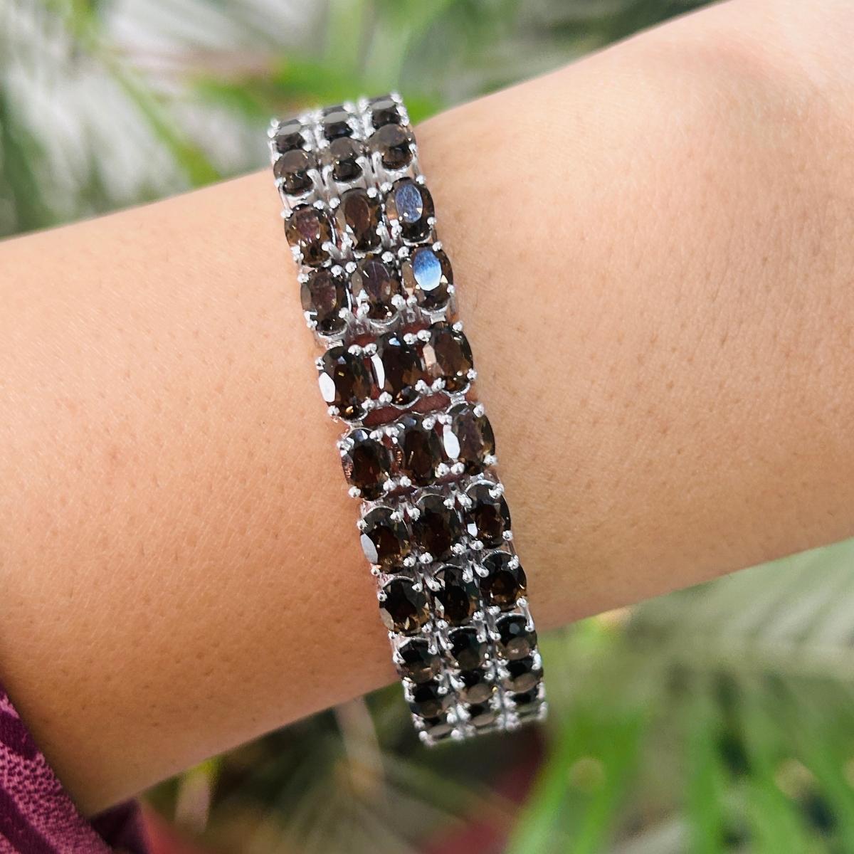 Oval Cut 34.03 Carat Smoky Topaz Three Layer Wide Bracelet for Women in Sterling Silver For Sale
