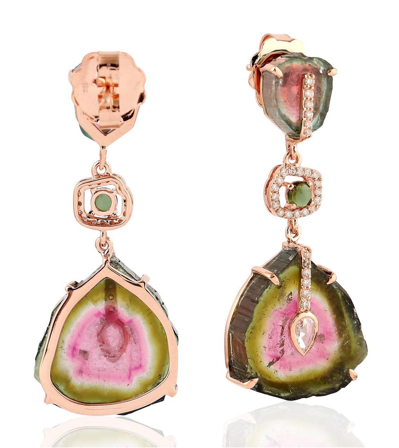 34.06 Pendientes Turmalina Melón Diamante Oro 18 Kilates Contemporáneo en venta