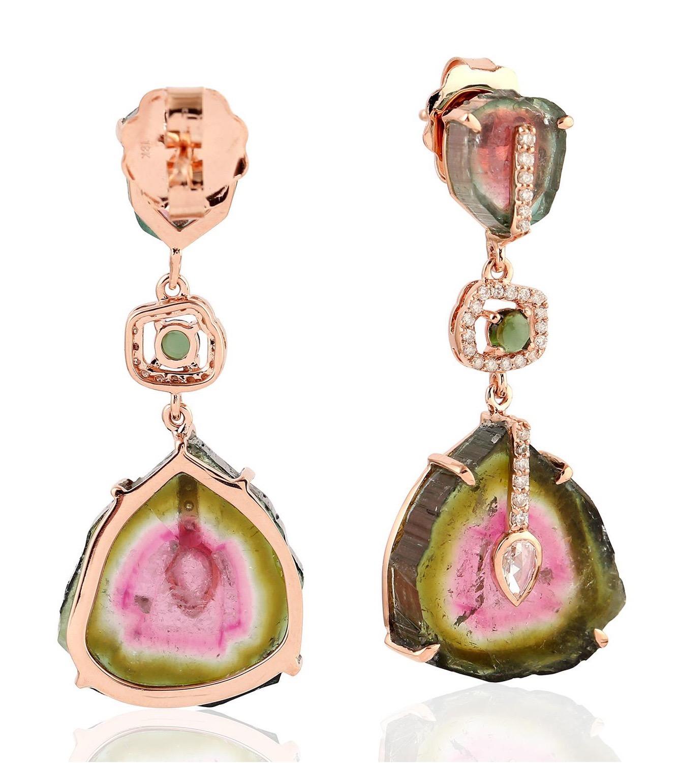 Contemporary 34.06 Tourmaline Melon Diamond 18 Karat Gold Earrings For Sale